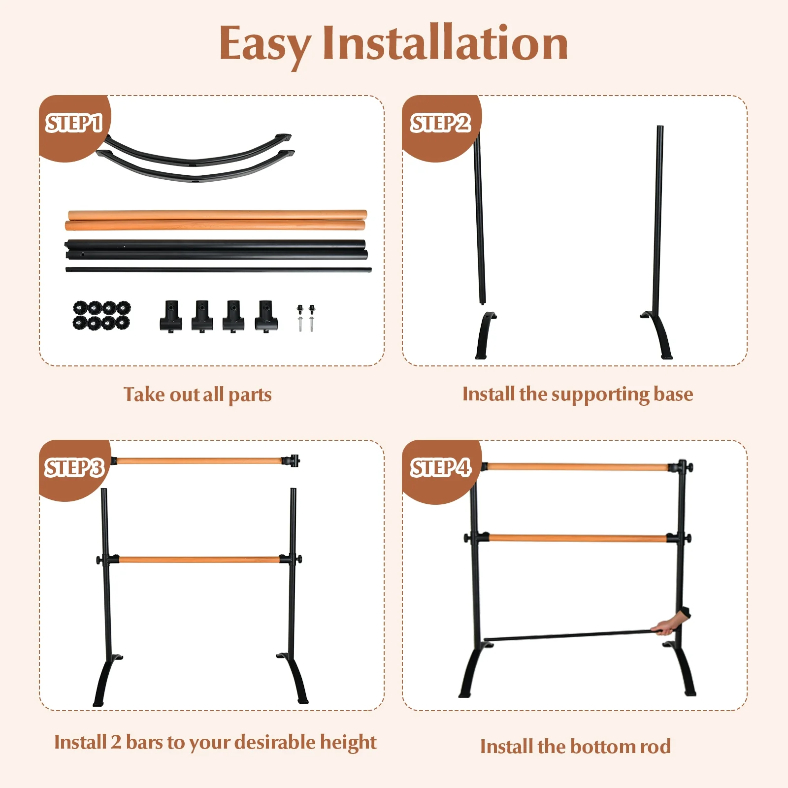 4 Foot Portable Freestanding Double Ballet Barre, Black - Image 10