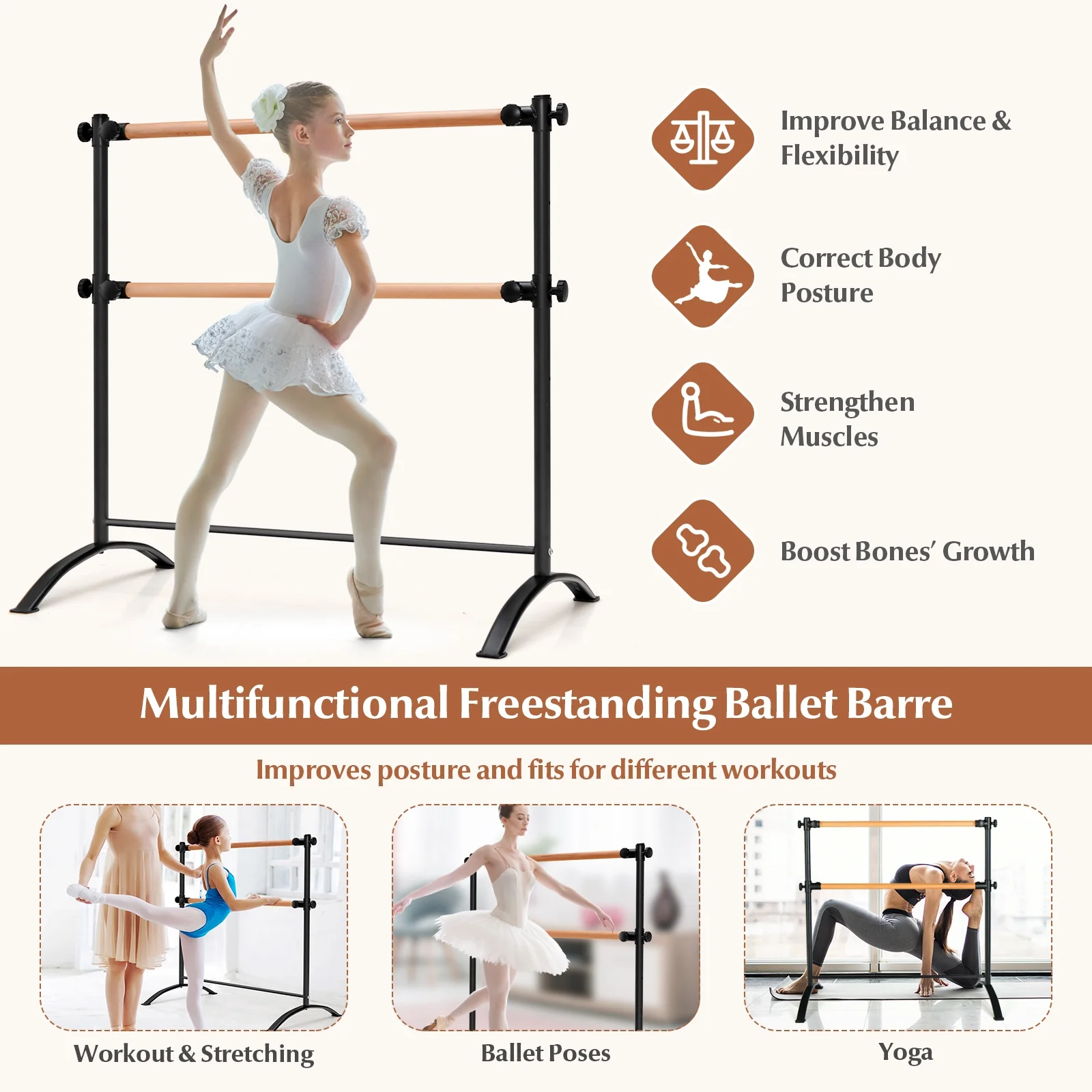 4 Foot Portable Freestanding Double Ballet Barre, Black - Image 7