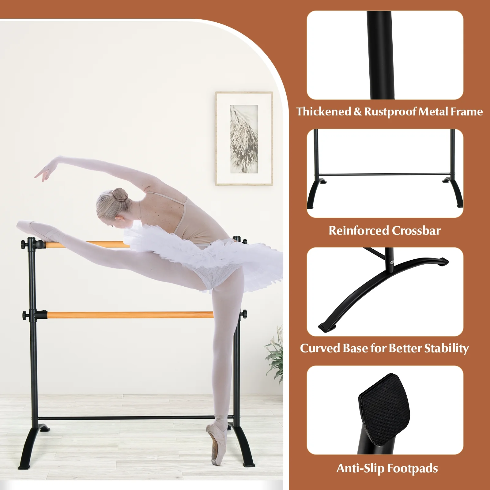 4 Foot Portable Freestanding Double Ballet Barre, Black - Image 8