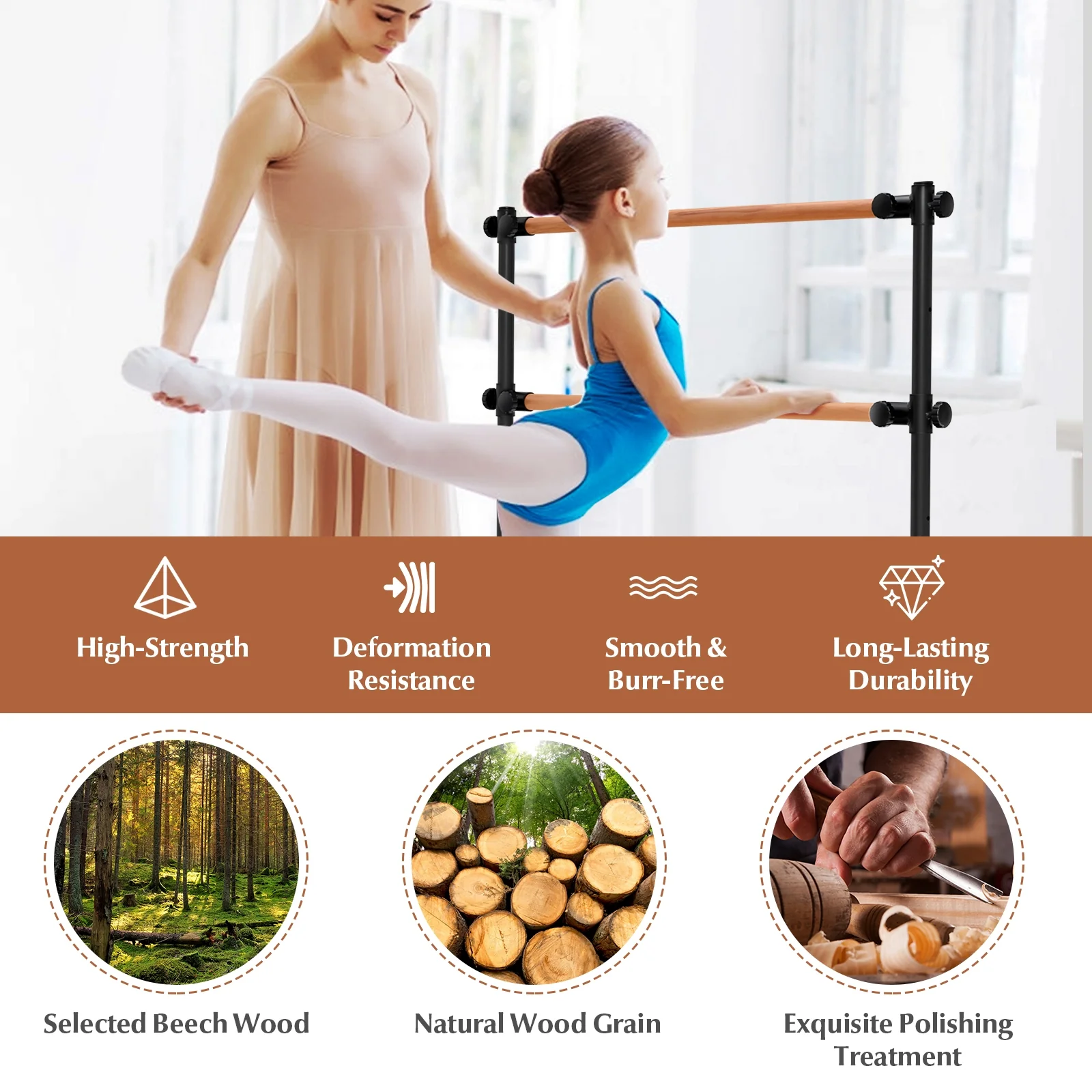 4 Foot Portable Freestanding Double Ballet Barre, Black - Image 9