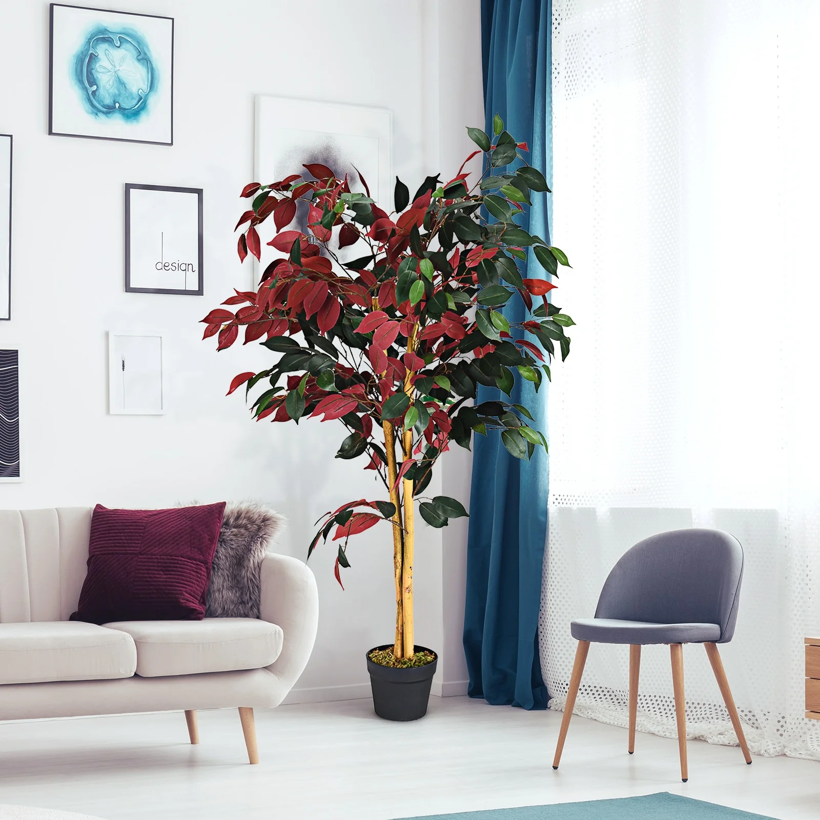 4 Ft Artificial Ficus Tree, Nursery Pot, Red - Image 8