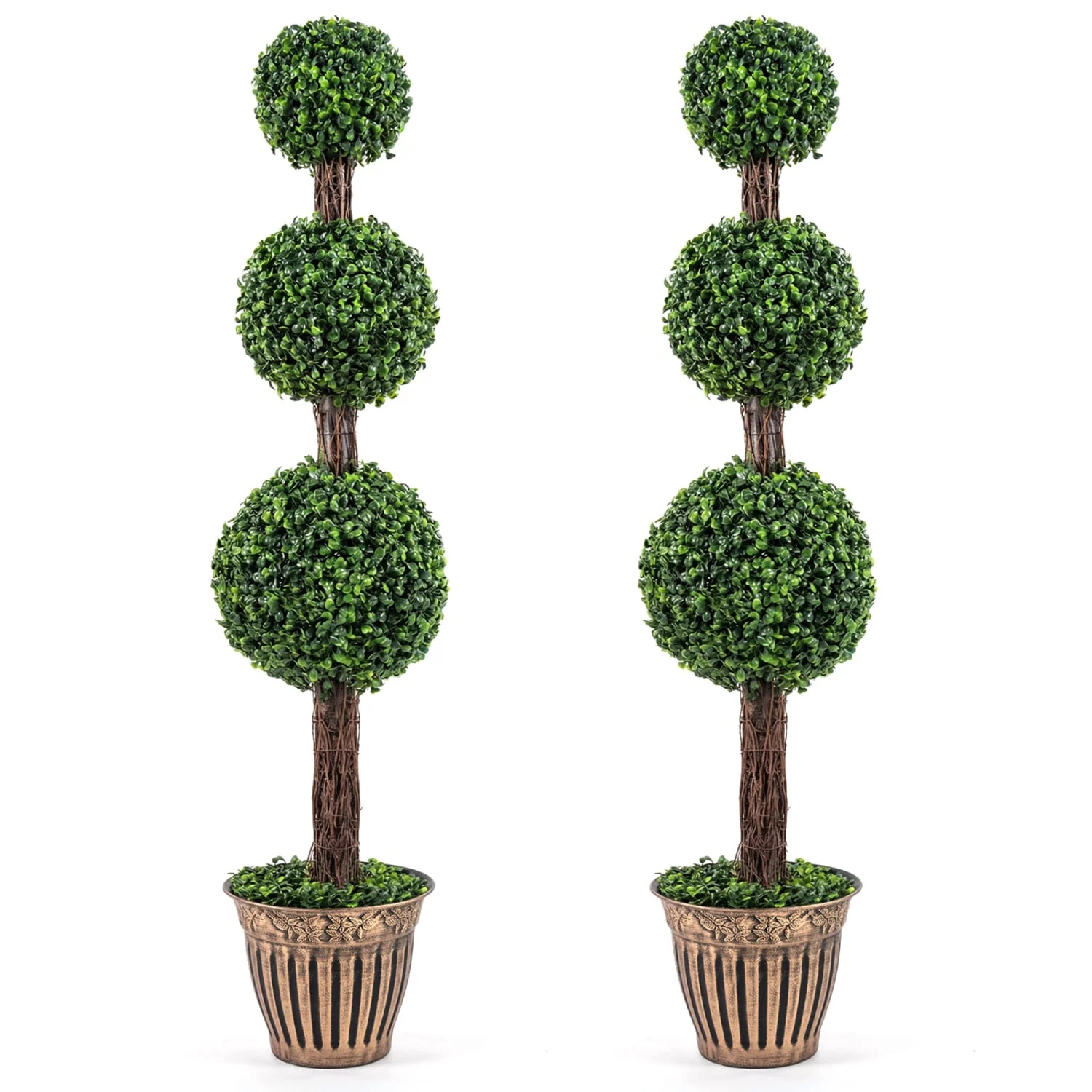 4 FT Artificial Triple Ball Boxwood Tree, Cement Planter Set of 2, Green