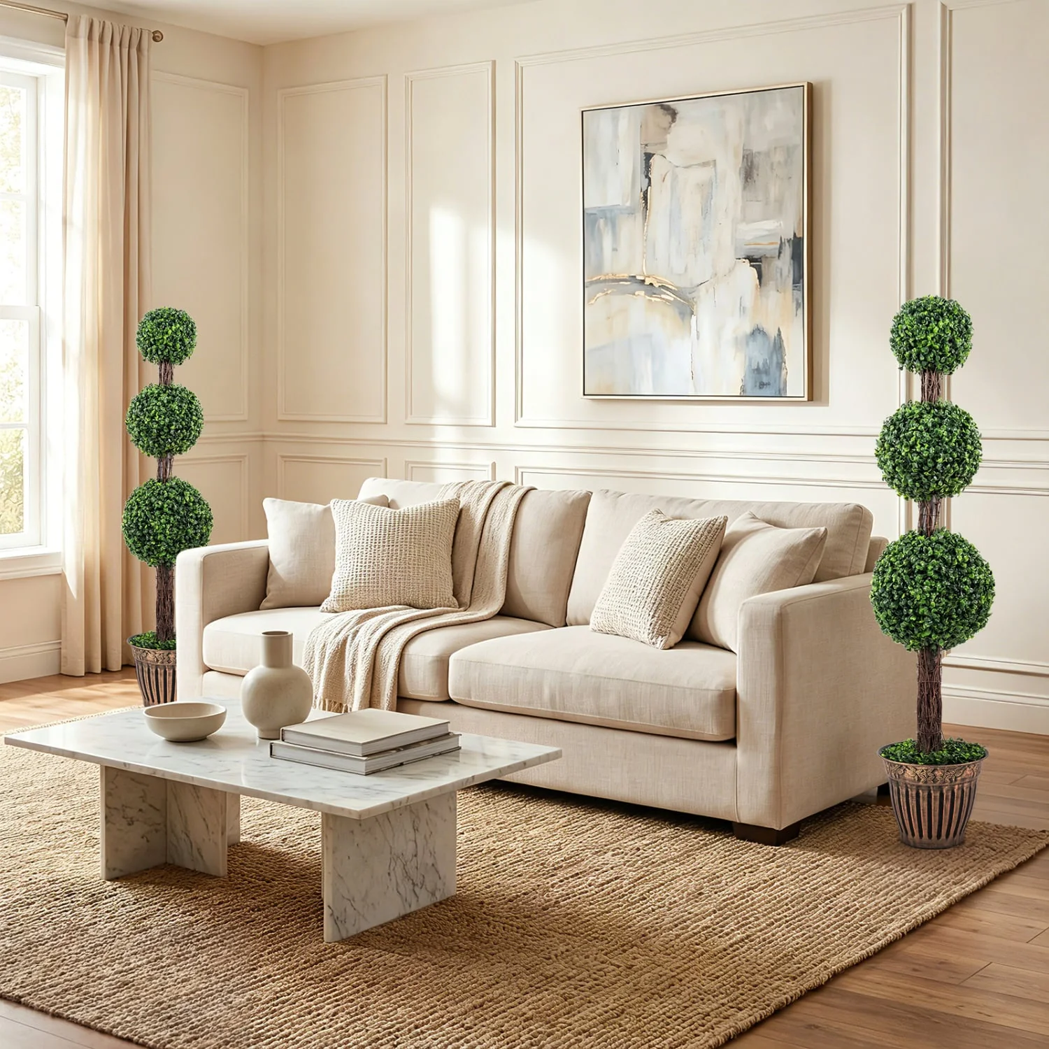 4 FT Artificial Triple Ball Boxwood Tree, Cement Planter Set of 2, Green - Image 2