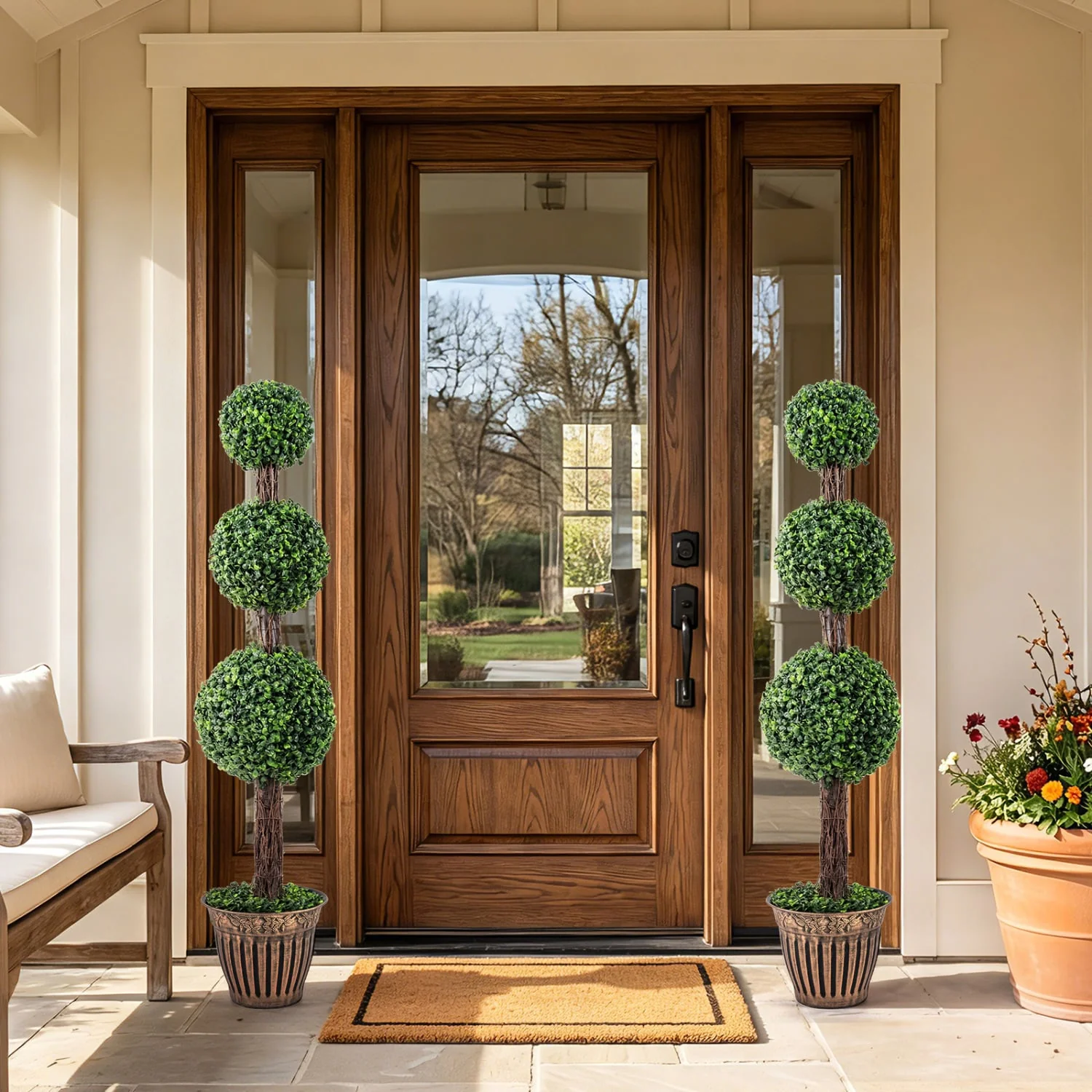 4 FT Artificial Triple Ball Boxwood Tree, Cement Planter Set of 2, Green - Image 3