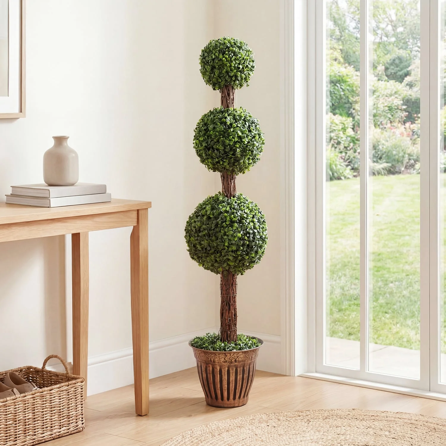 4 FT Artificial Triple Ball Boxwood Tree, Cement Planter Set of 2, Green - Image 4