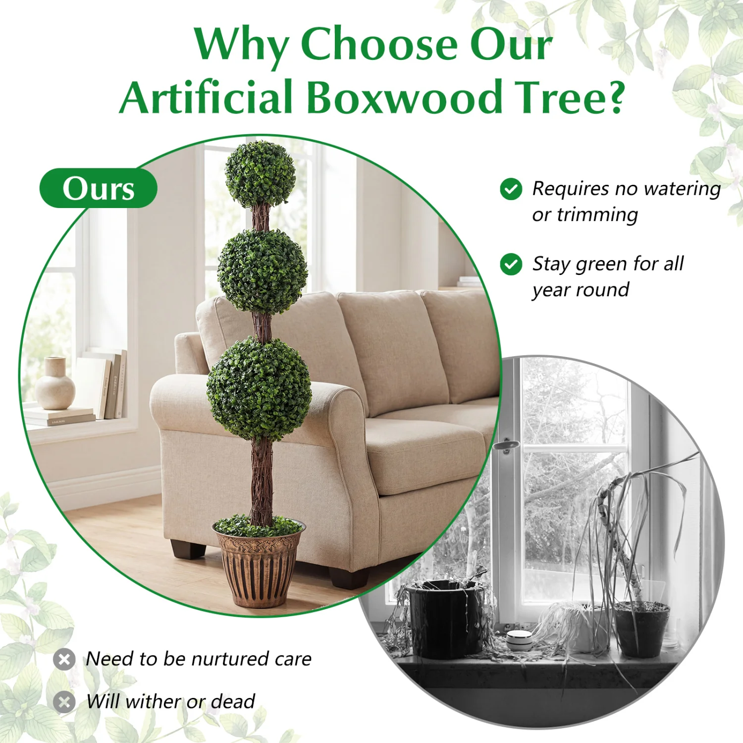 4 FT Artificial Triple Ball Boxwood Tree, Cement Planter Set of 2, Green - Image 6
