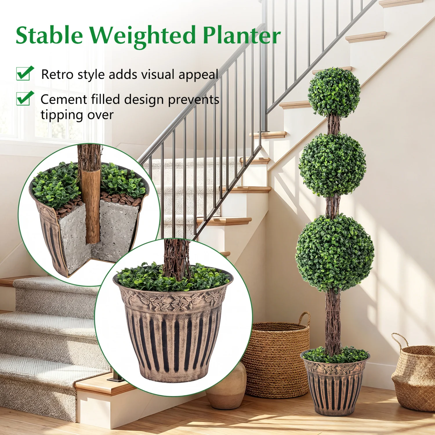 4 FT Artificial Triple Ball Boxwood Tree, Cement Planter Set of 2, Green - Image 7