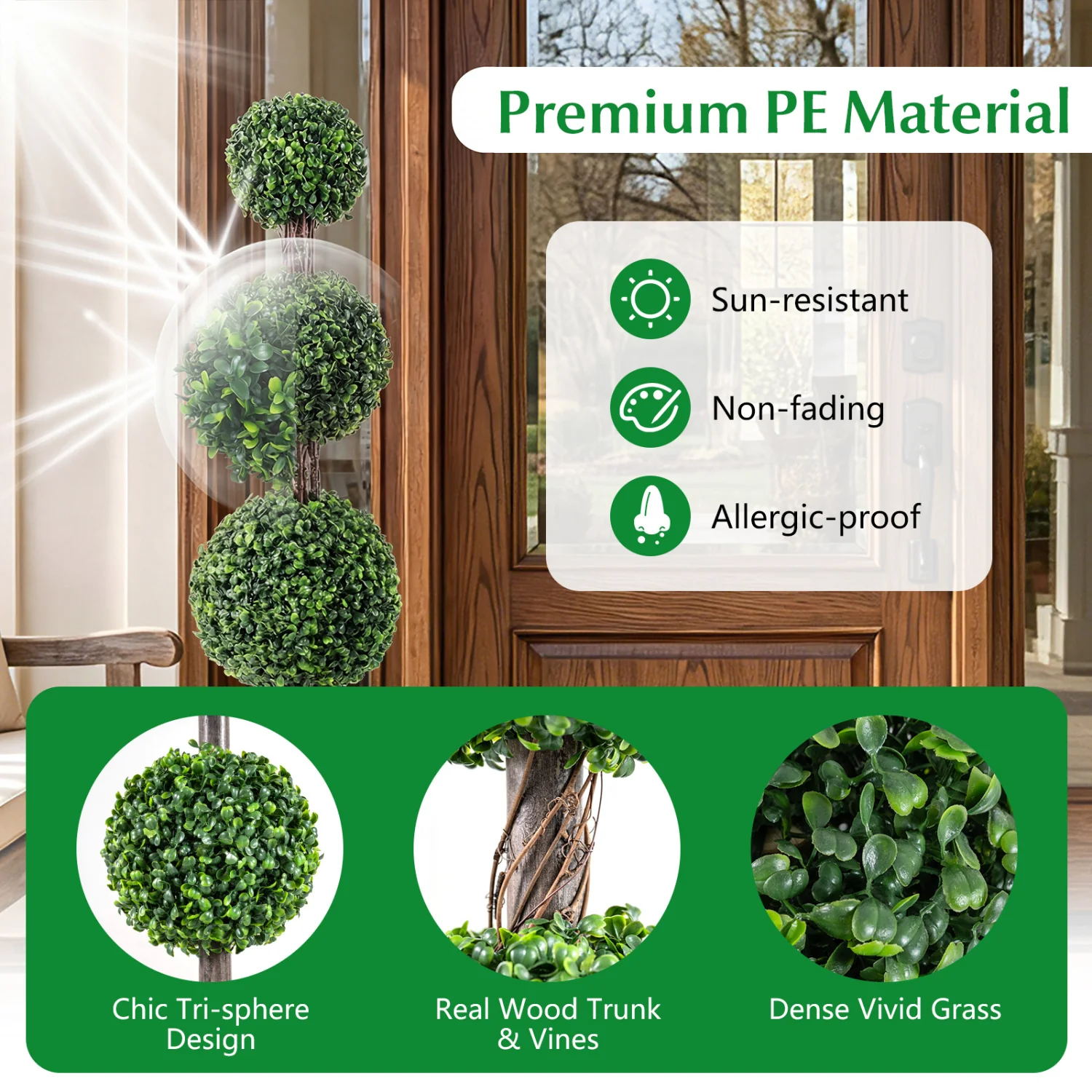 4 FT Artificial Triple Ball Boxwood Tree, Cement Planter Set of 2, Green - Image 8