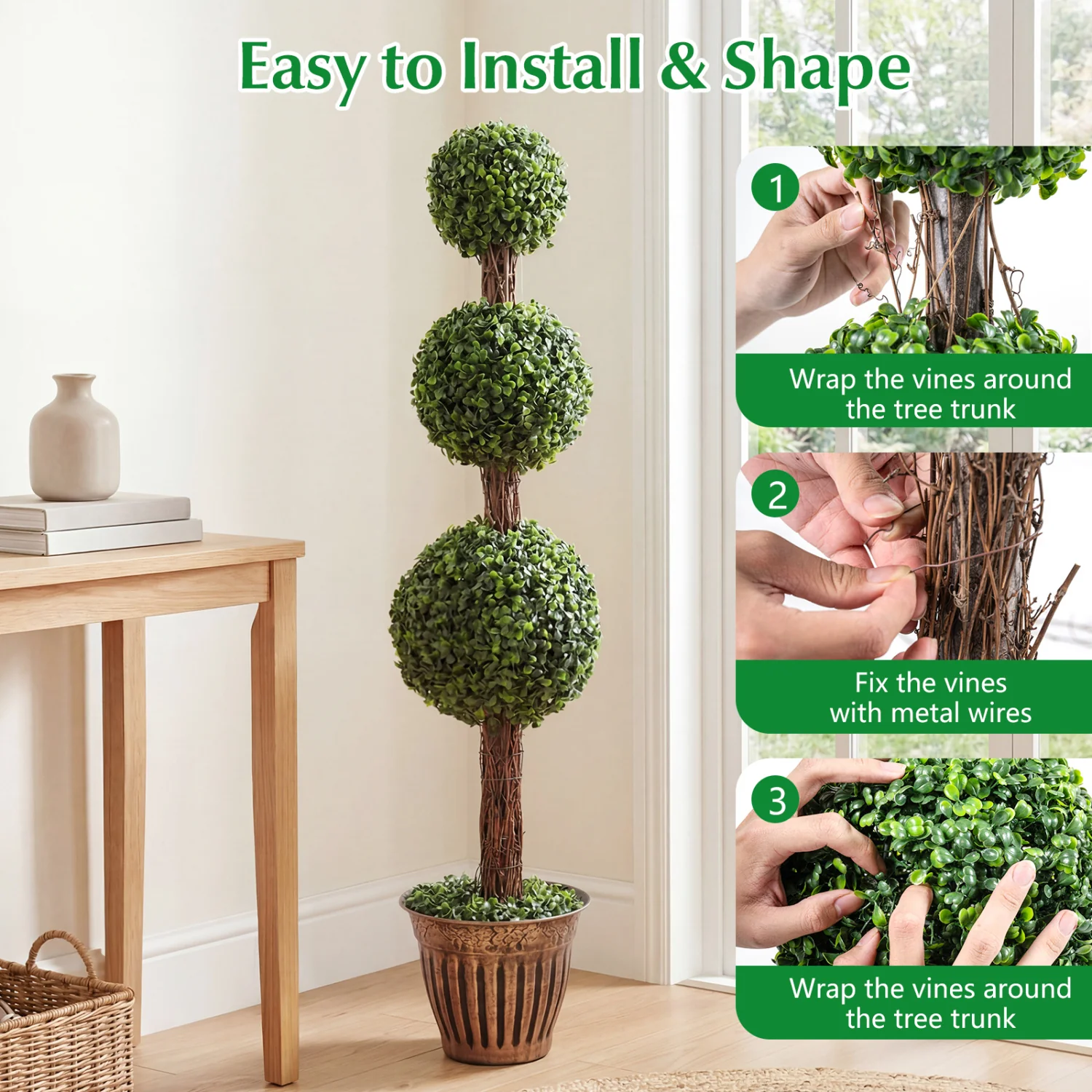 4 FT Artificial Triple Ball Boxwood Tree, Cement Planter Set of 2, Green - Image 9