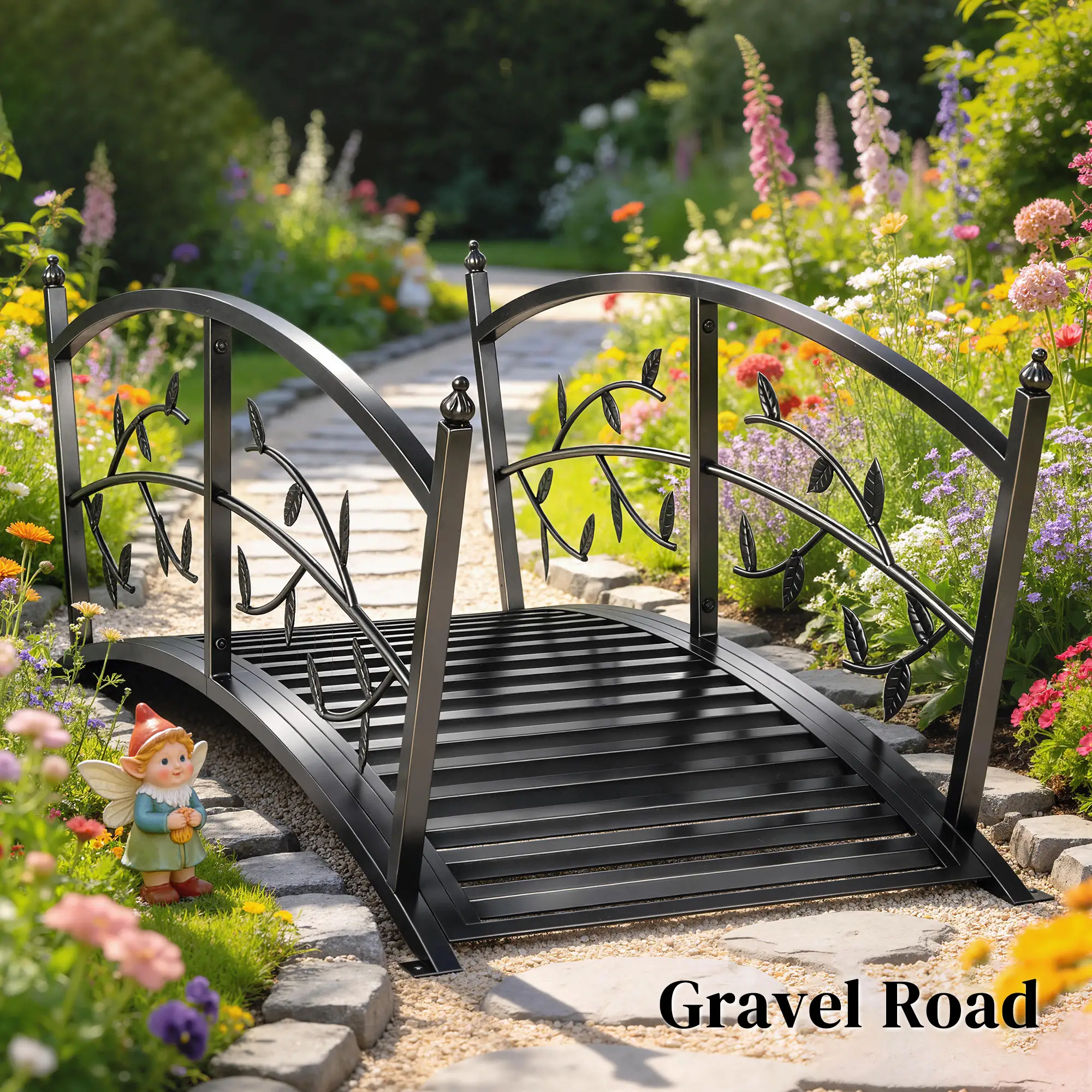 4 FT Metal Garden Bridge, Safety Railings, Outdoor Pond, Arch Footbridge - Image 10