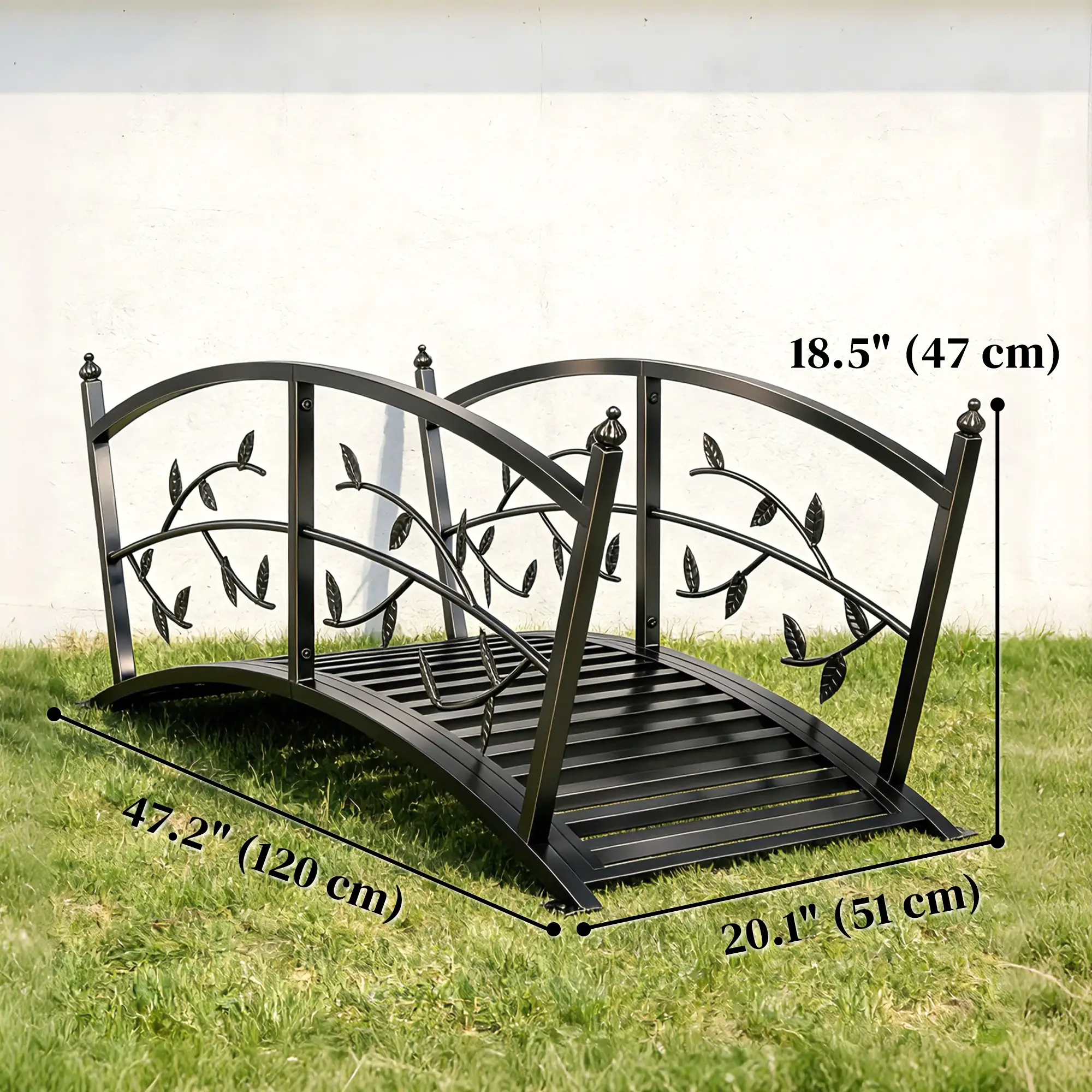 4 FT Metal Garden Bridge, Safety Railings, Outdoor Pond, Arch Footbridge - Image 3