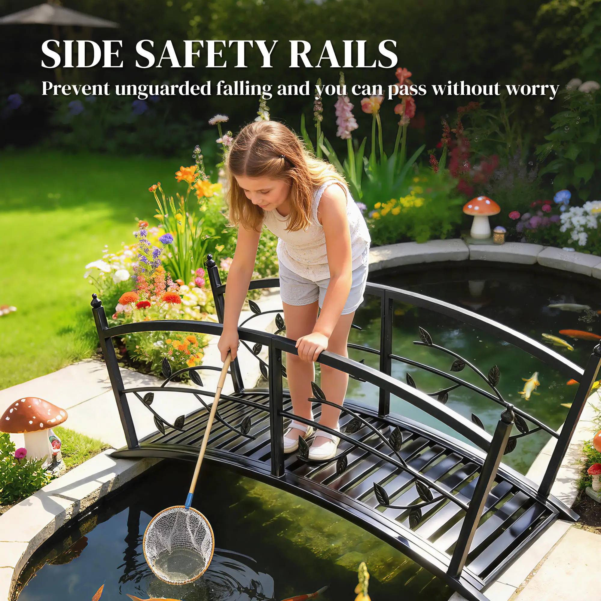 4 FT Metal Garden Bridge, Safety Railings, Outdoor Pond, Arch Footbridge - Image 6