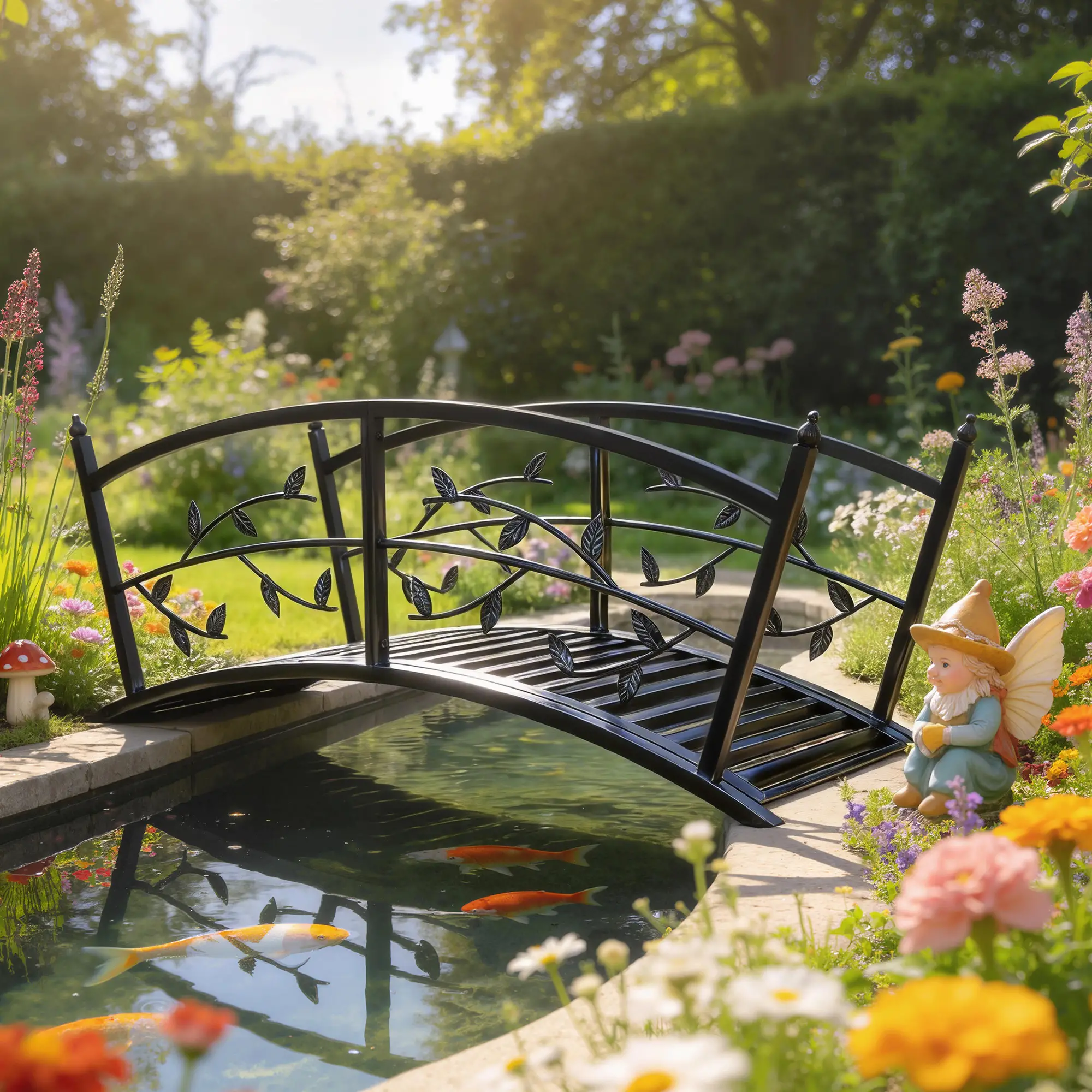4 FT Metal Garden Bridge, Safety Railings, Outdoor Pond, Arch Footbridge - Image 8