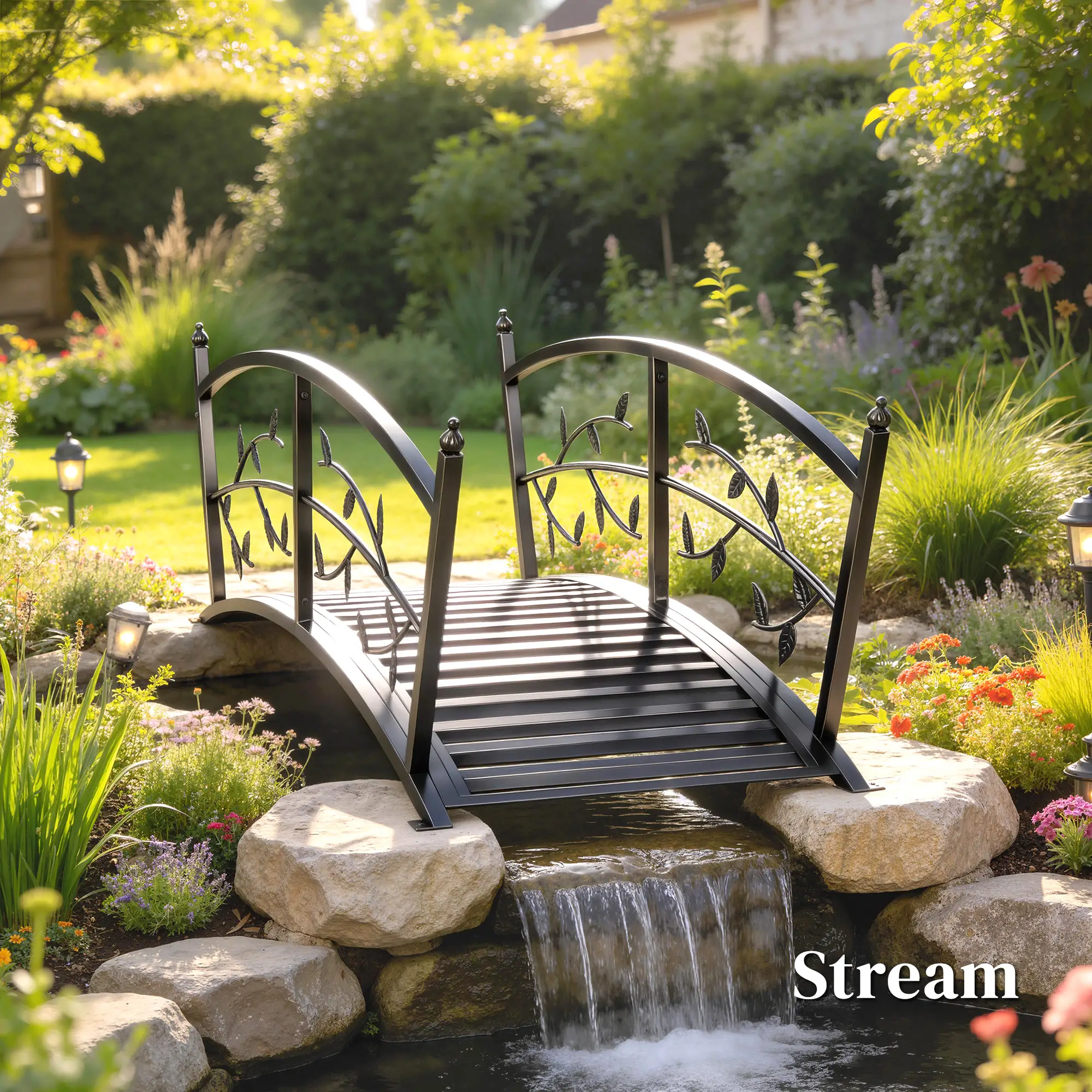 4 FT Metal Garden Bridge, Safety Railings, Outdoor Pond, Arch Footbridge - Image 9