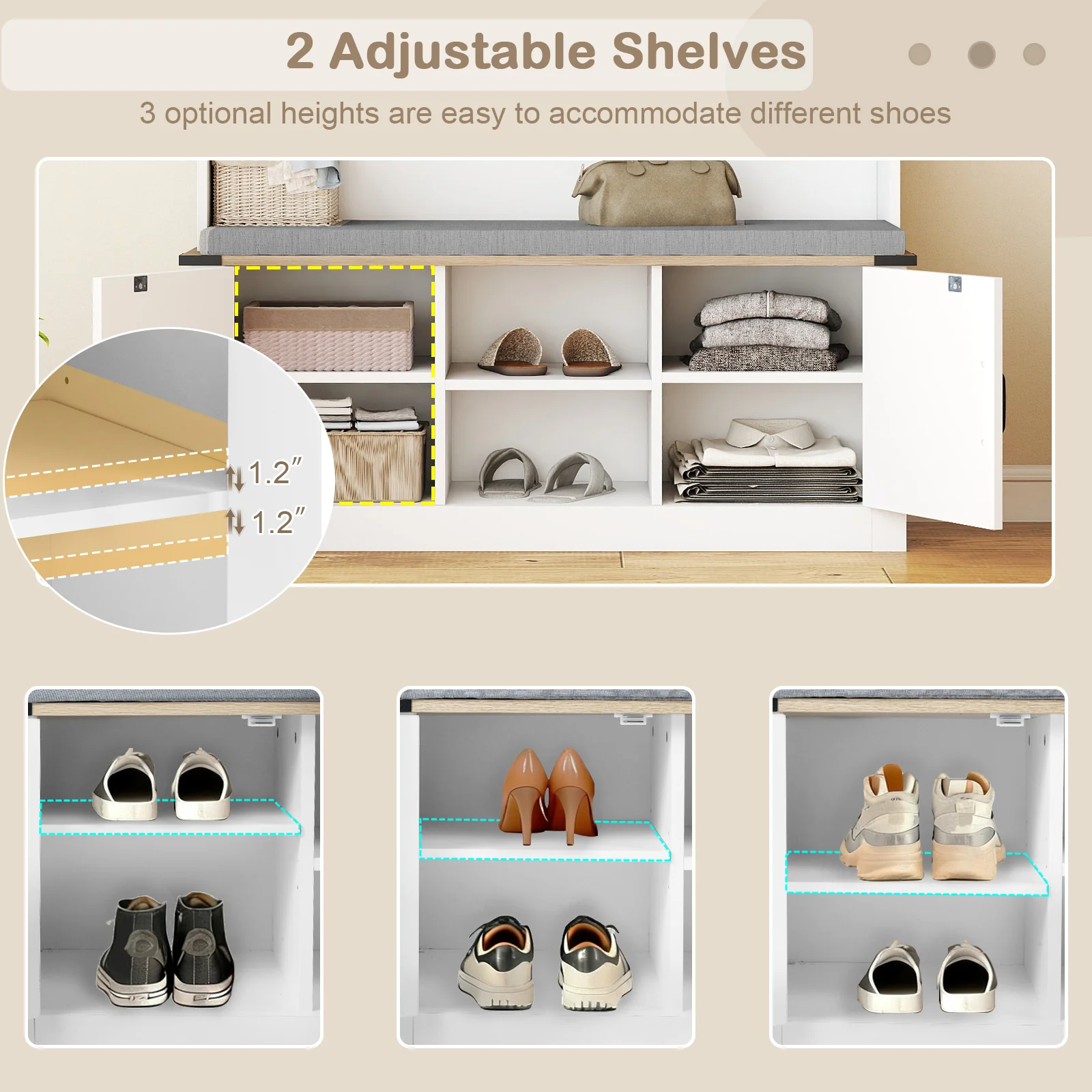 4-in-1 68.5 Inch Tall Coat Rack with Cushioned Bench and Shoe Storage, White - Image 10