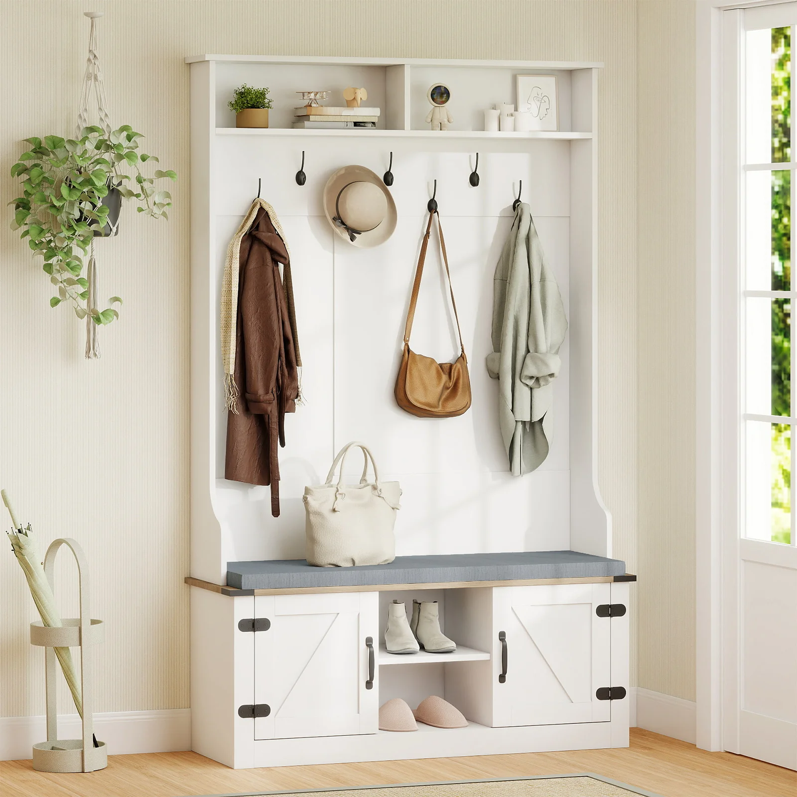 4-in-1 68.5 Inch Tall Coat Rack with Cushioned Bench and Shoe Storage, White - Image 2