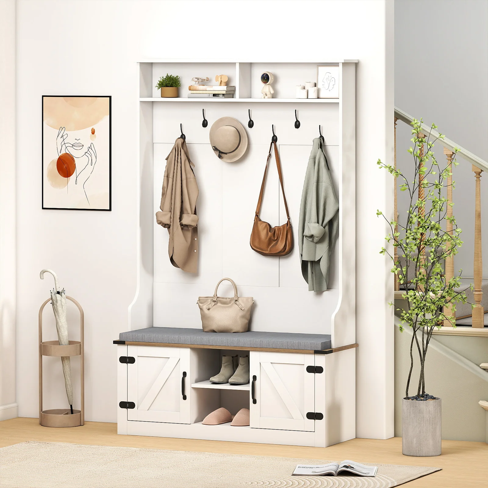 4-in-1 68.5 Inch Tall Coat Rack with Cushioned Bench and Shoe Storage, White - Image 3