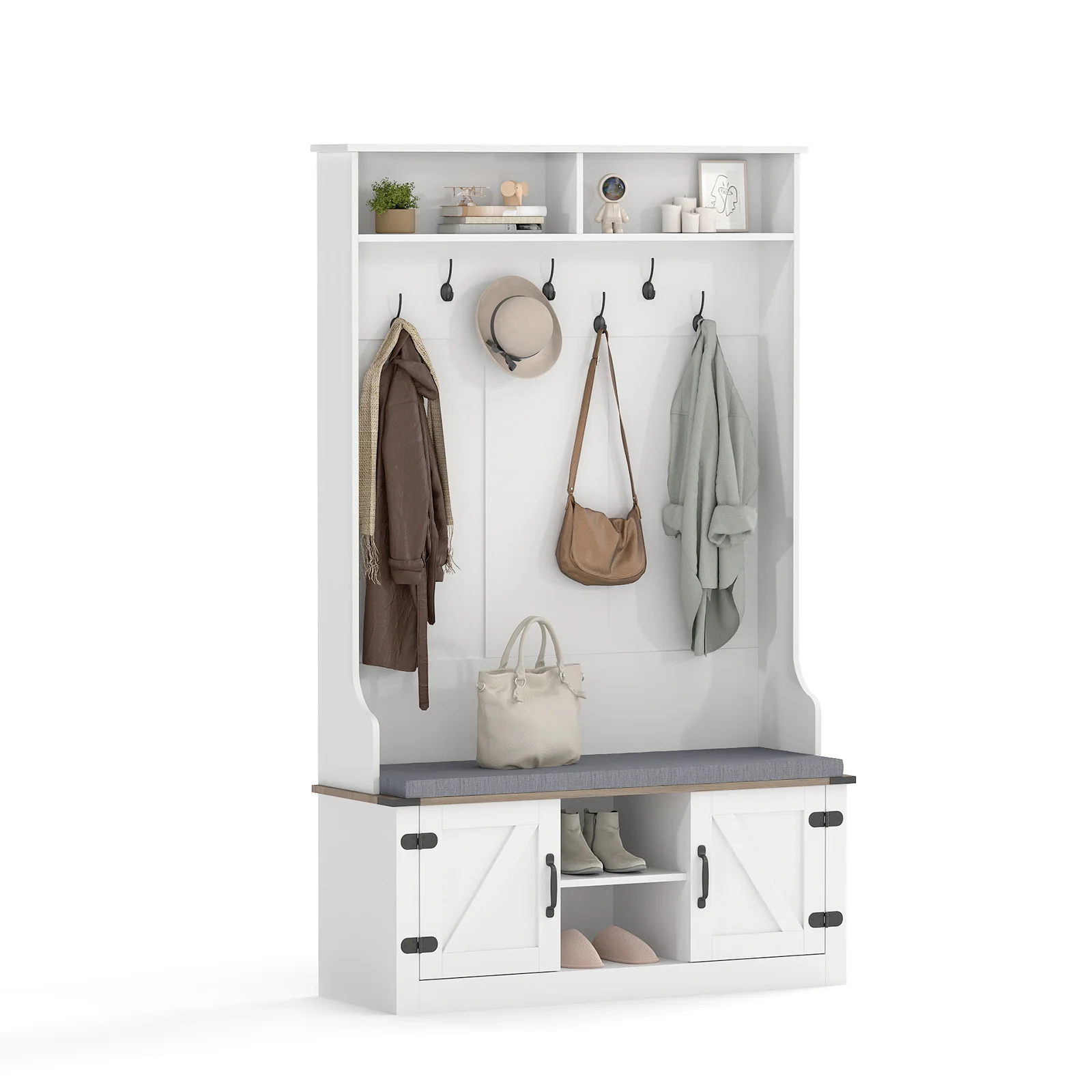 4-in-1 68.5 Inch Tall Coat Rack with Cushioned Bench and Shoe Storage, White - Image 5
