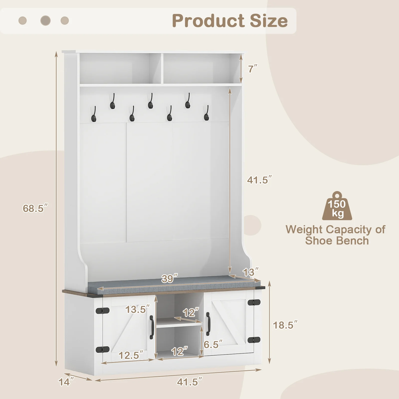 4-in-1 68.5 Inch Tall Coat Rack with Cushioned Bench and Shoe Storage, White - Image 6