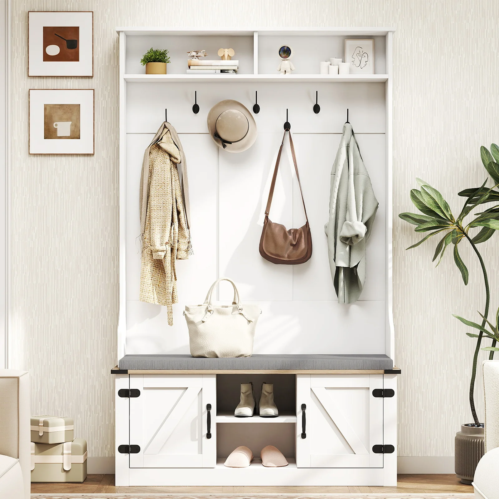 4-in-1 68.5 Inch Tall Coat Rack with Cushioned Bench and Shoe Storage, White - Image 7