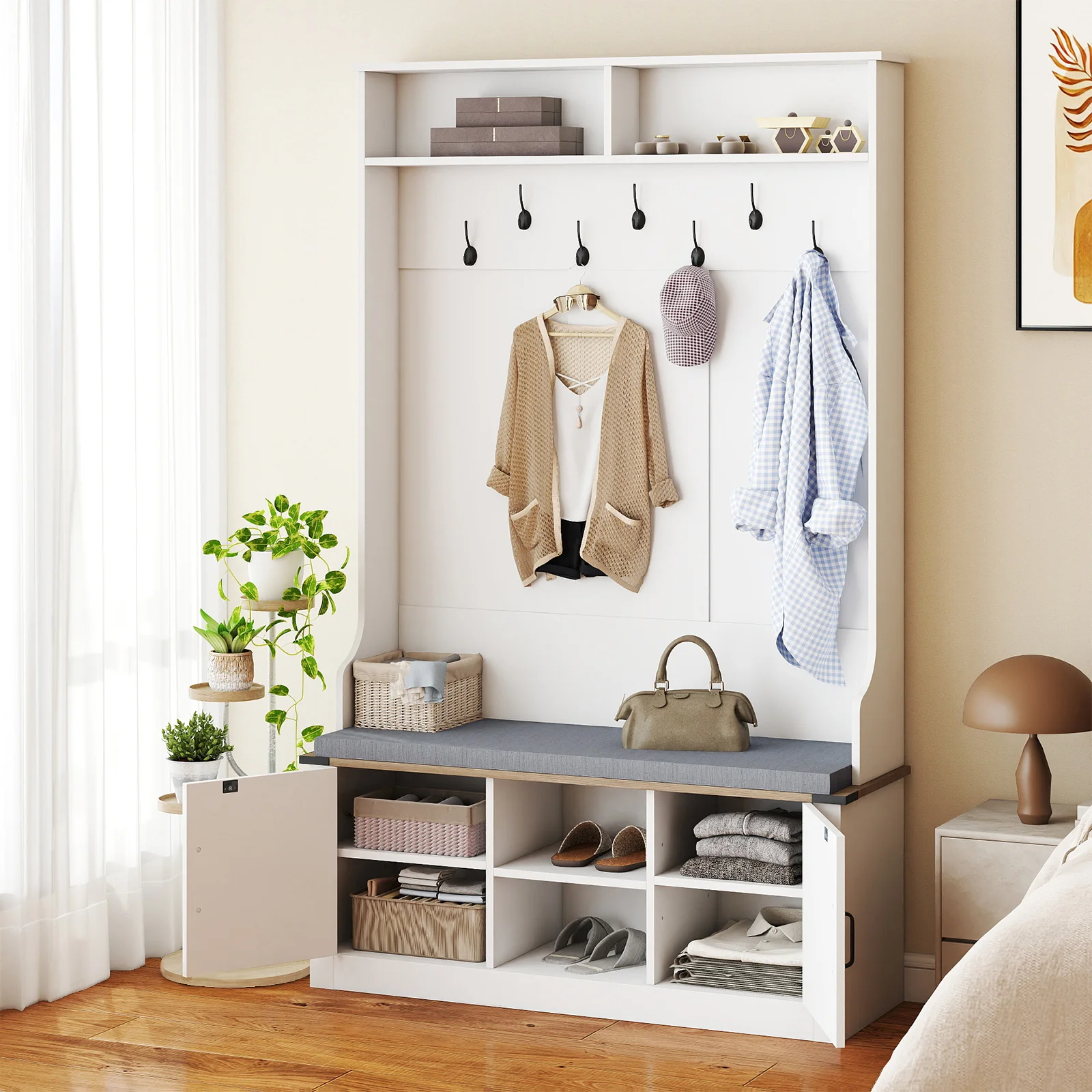 4-in-1 68.5 Inch Tall Coat Rack with Cushioned Bench and Shoe Storage, White - Image 8