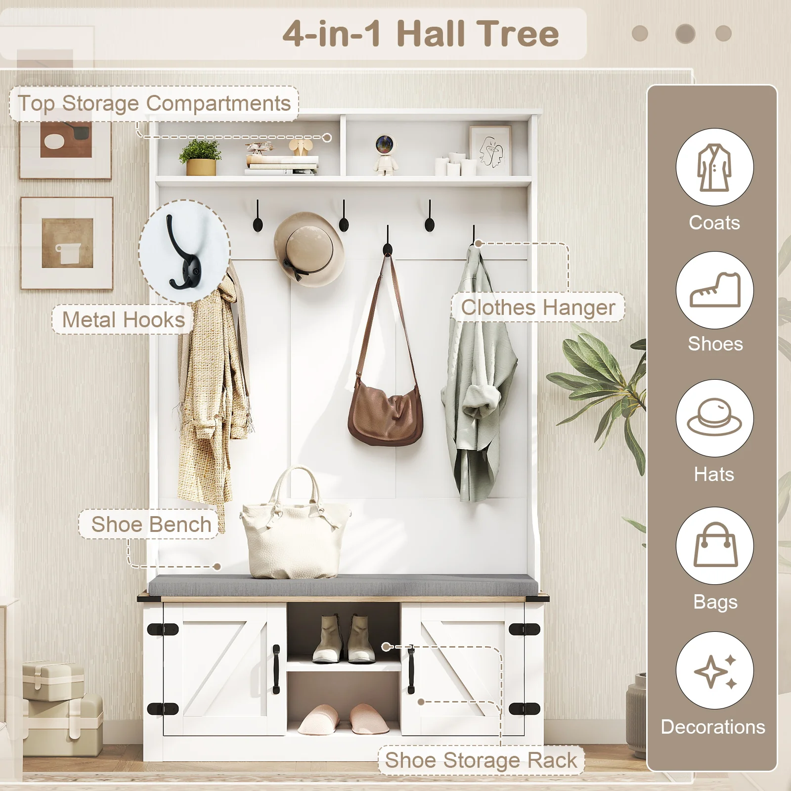 4-in-1 68.5 Inch Tall Coat Rack with Cushioned Bench and Shoe Storage, White - Image 9