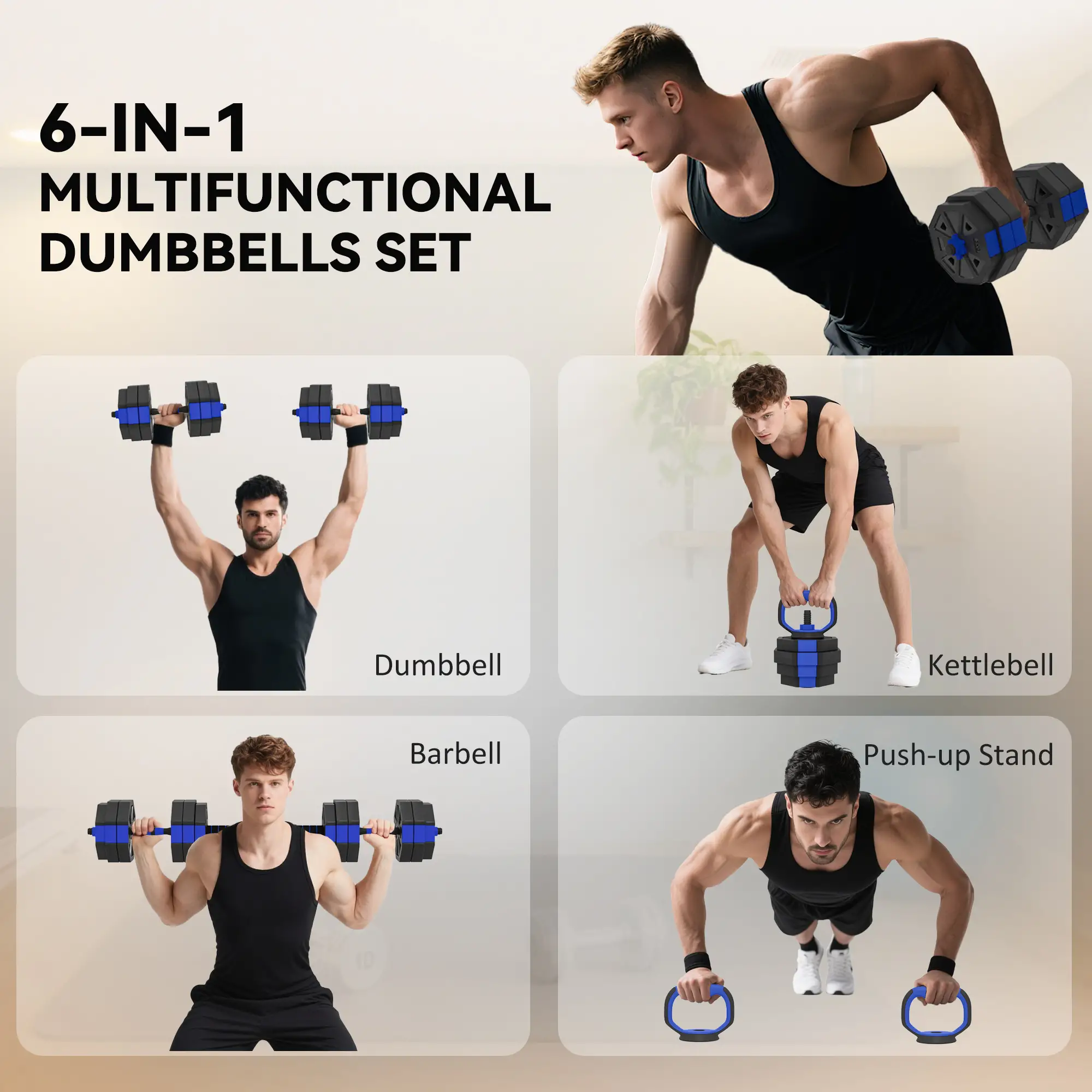 4-in-1 Adjustable Dumbbell Set, Kettlebell, Barbell, Dumbbell, 66lbs, Blue - Image 4