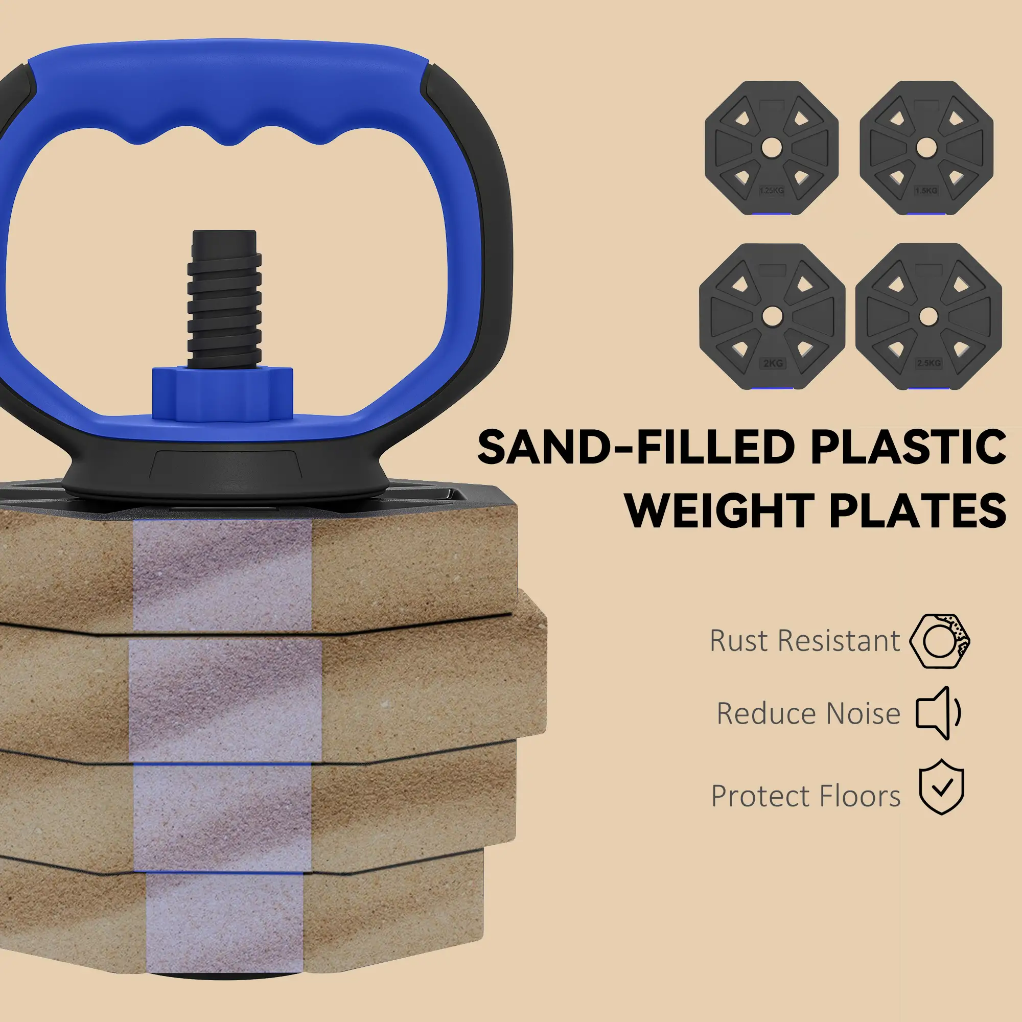 4-in-1 Adjustable Dumbbell Set, Kettlebell, Barbell, Dumbbell, 66lbs, Blue - Image 7
