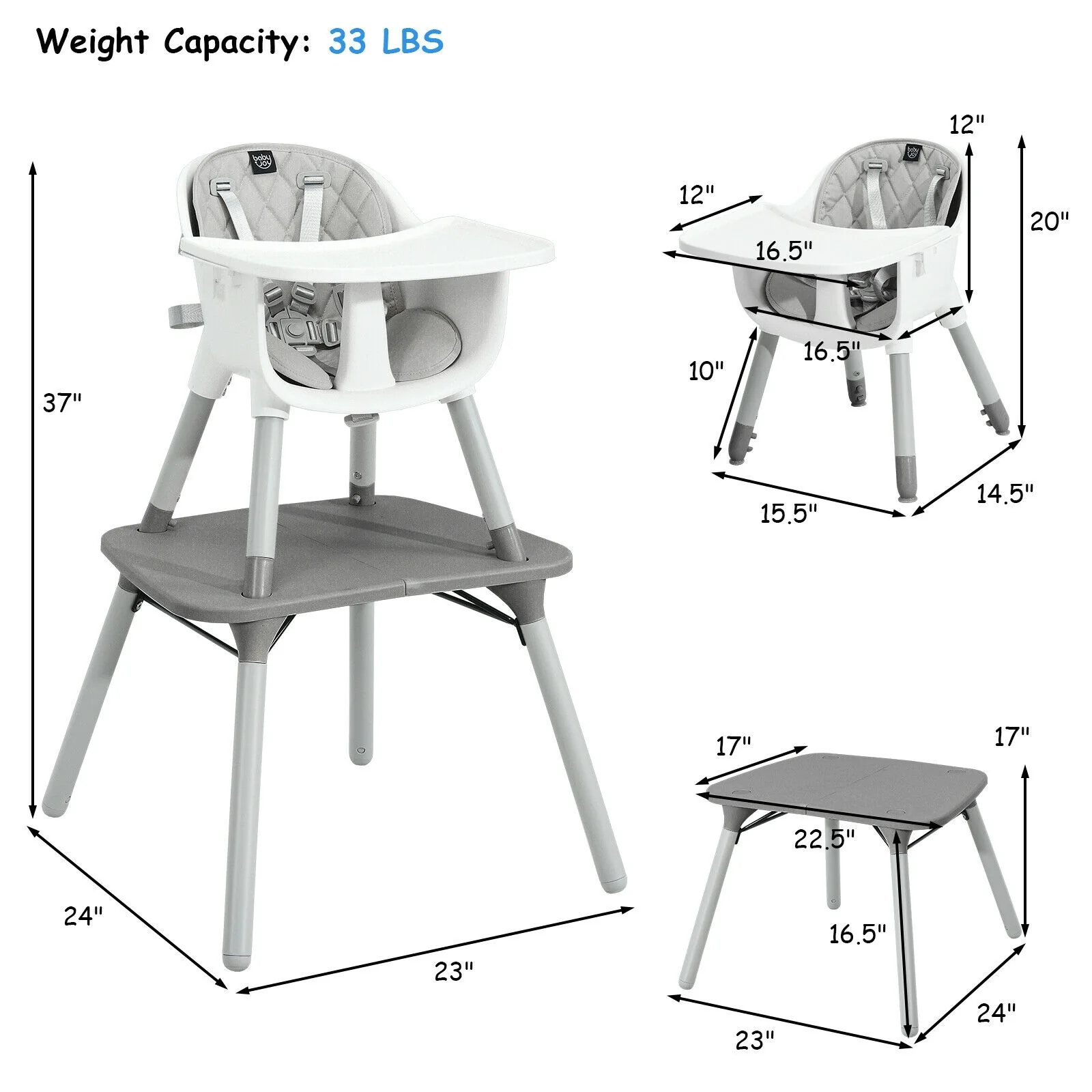 4-In-1 Baby Convertible Toddler Table Chair Set, Gray - Image 6