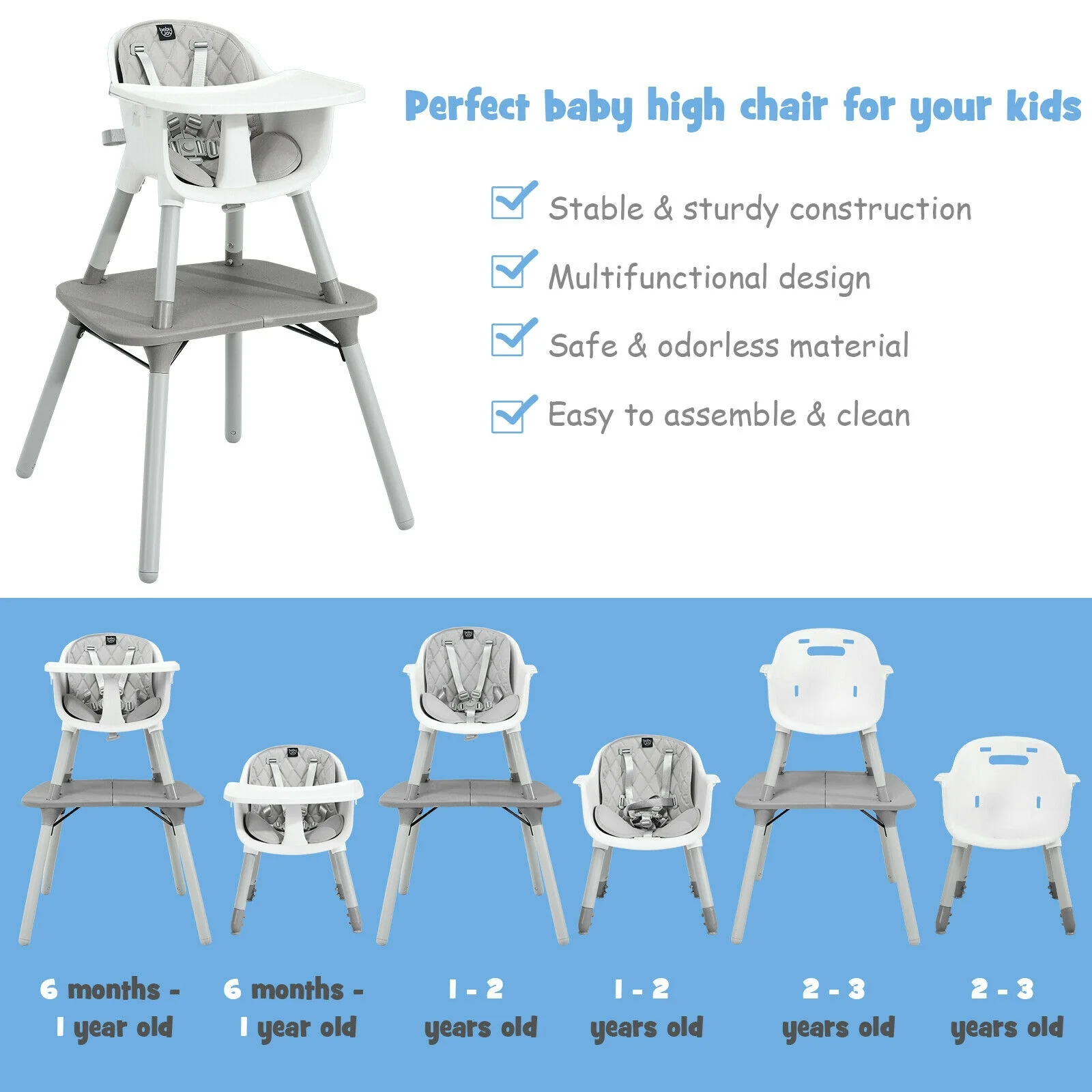 4-In-1 Baby Convertible Toddler Table Chair Set, Gray - Image 9