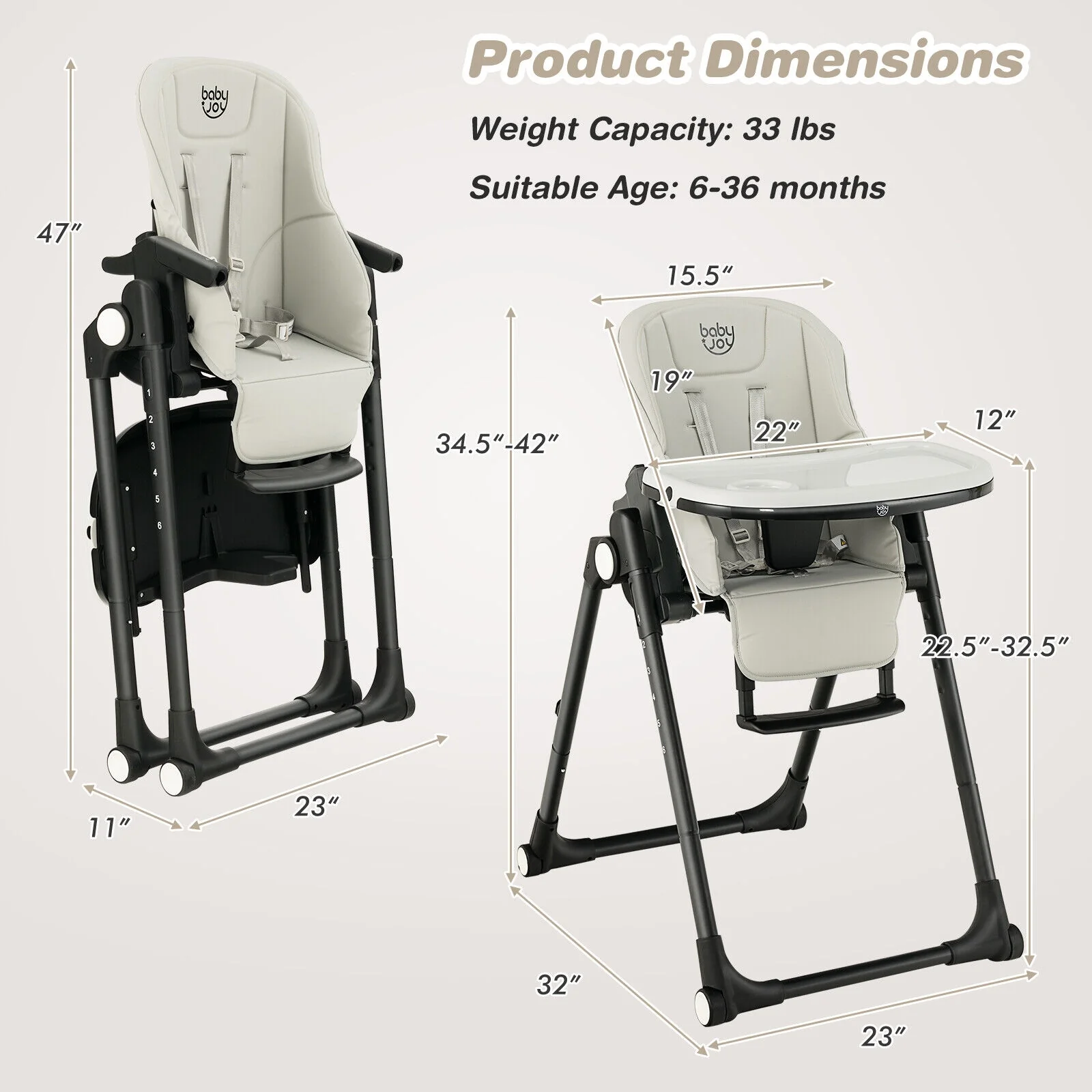 4-In-1 Baby High Chair, 6 Adjustable Heights, Gray - Image 5
