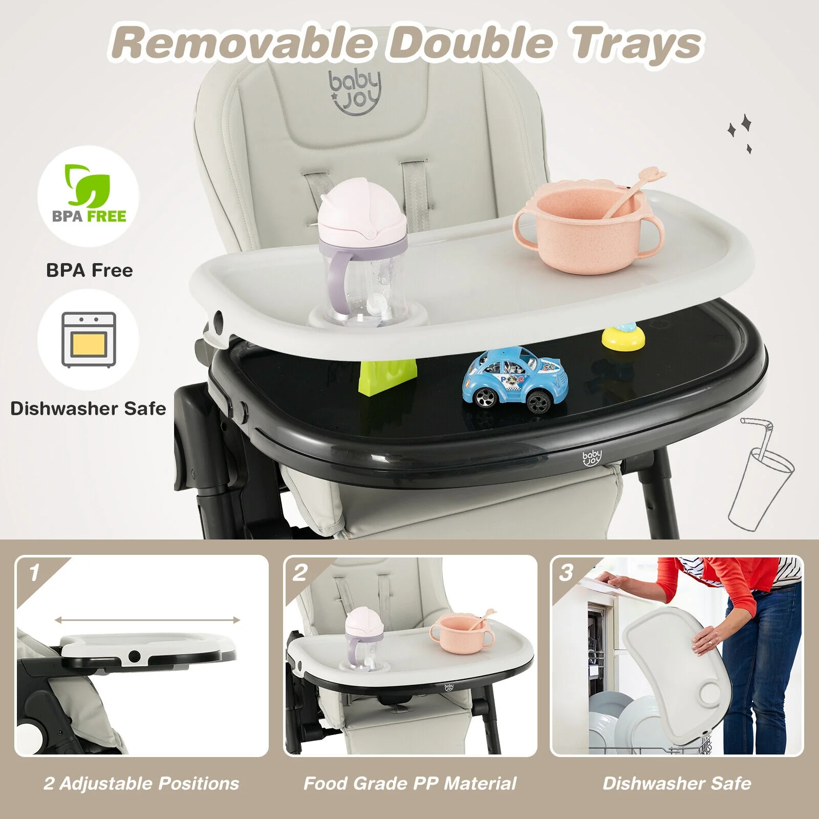 4-In-1 Baby High Chair, 6 Adjustable Heights, Gray - Image 6