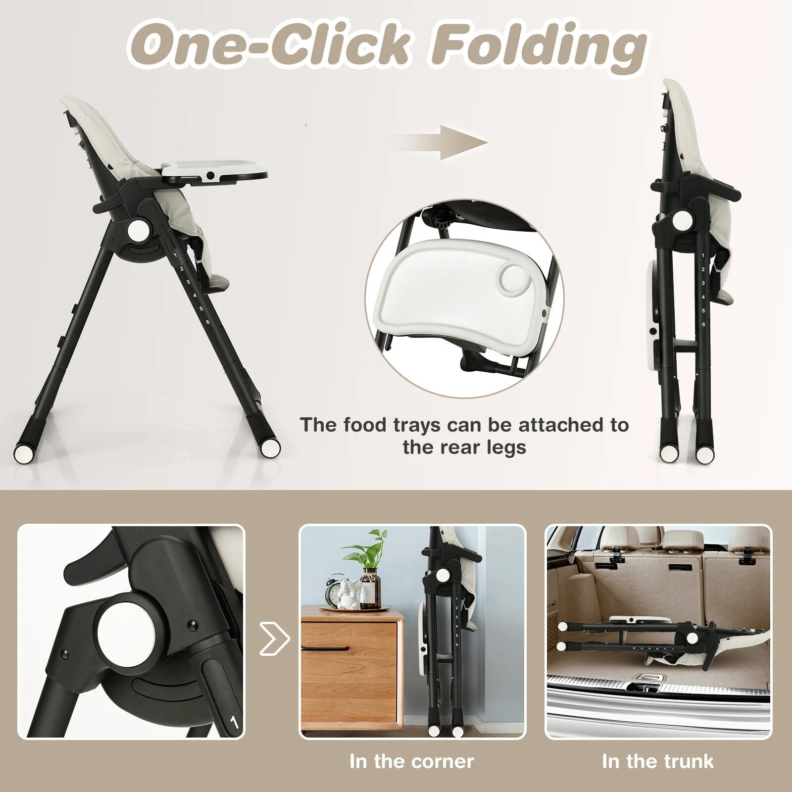 4-In-1 Baby High Chair, 6 Adjustable Heights, Gray - Image 7