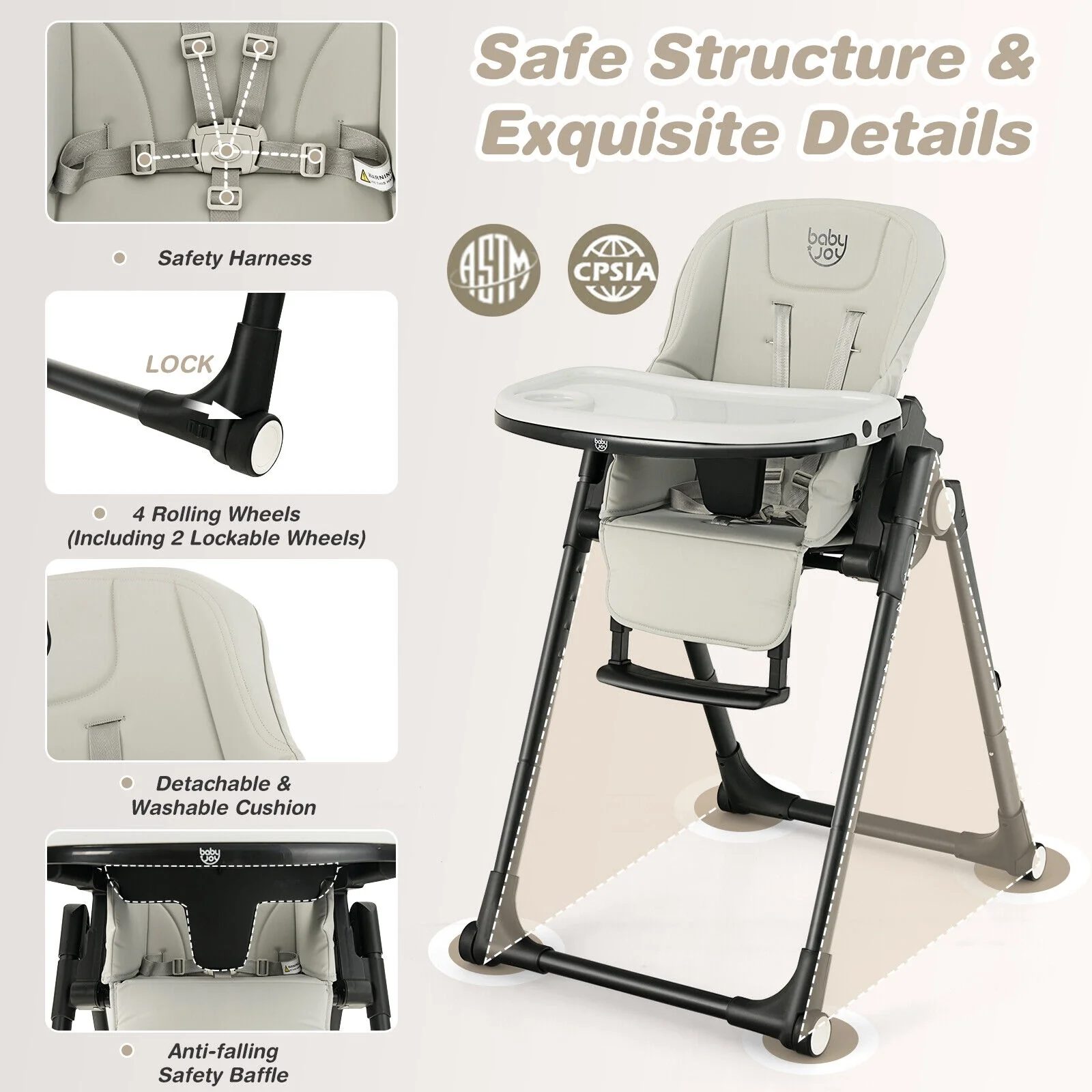 4-In-1 Baby High Chair, 6 Adjustable Heights, Gray - Image 8