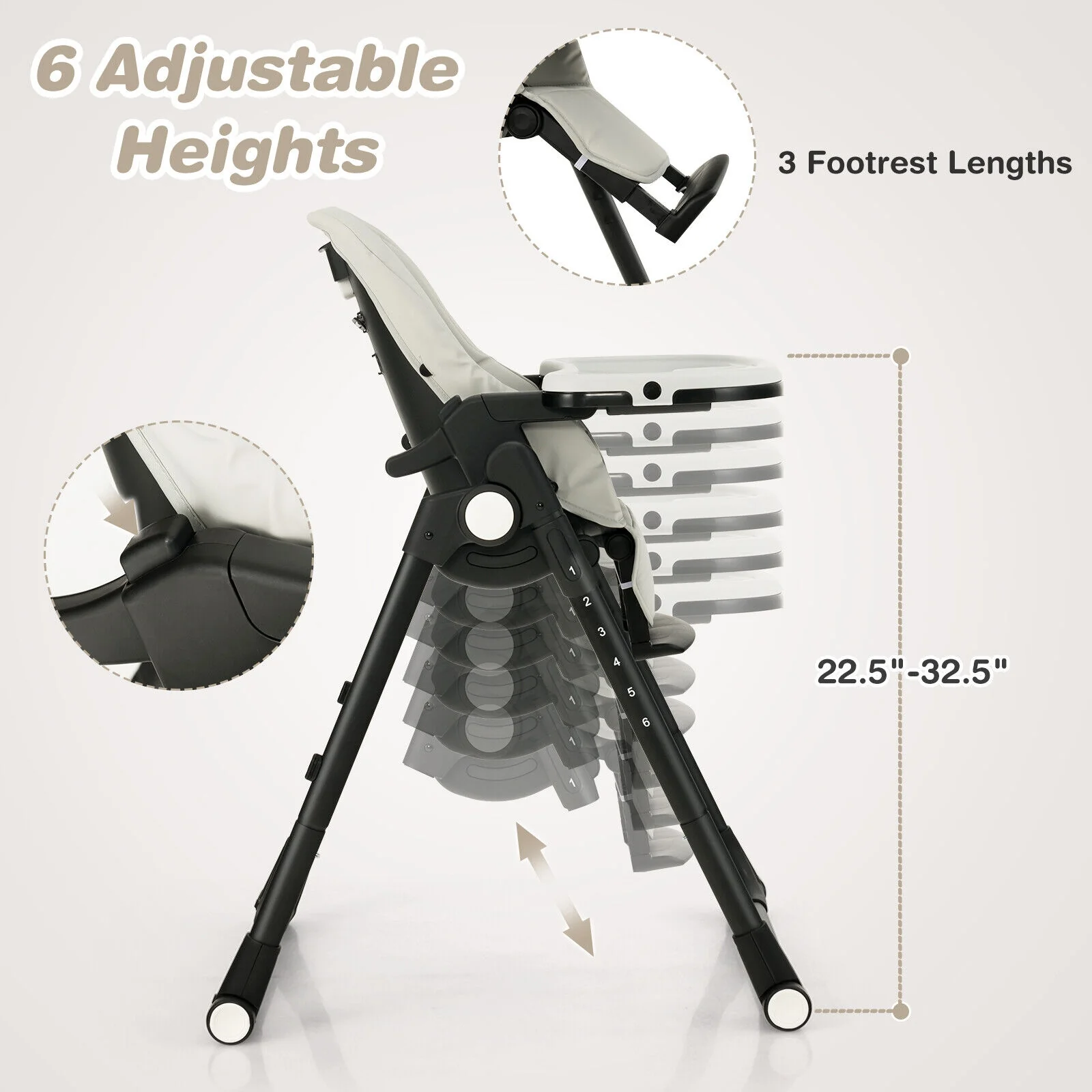 4-In-1 Baby High Chair, 6 Adjustable Heights, Gray - Image 9