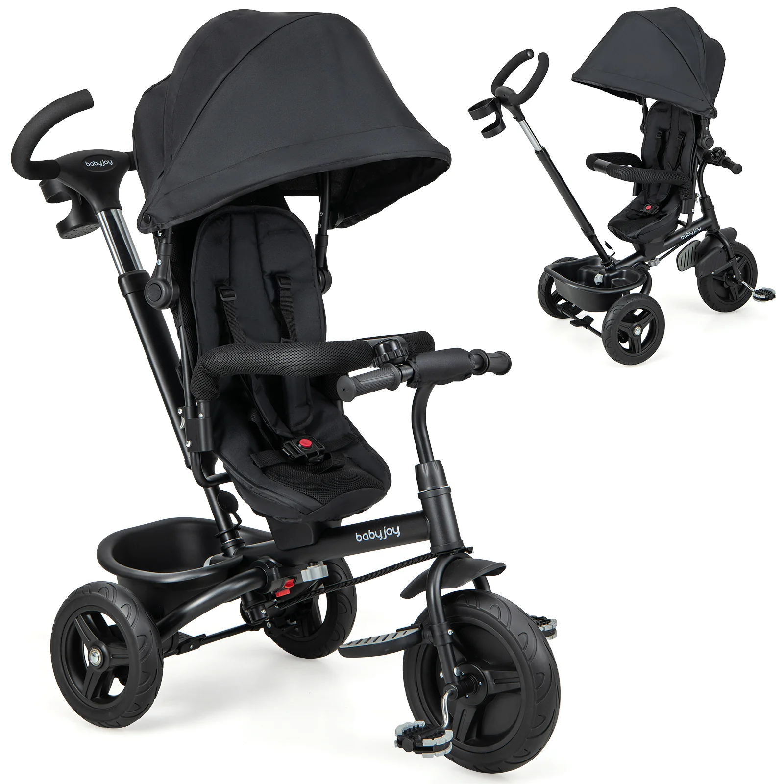 4-In-1 Baby Tricycle, Reversible Seat, 5-Point Safety Harness, Black - Image 4