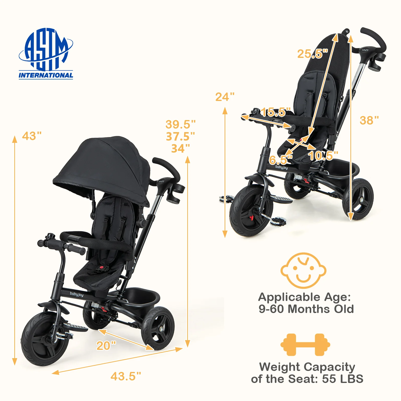 4-In-1 Baby Tricycle, Reversible Seat, 5-Point Safety Harness, Black - Image 6