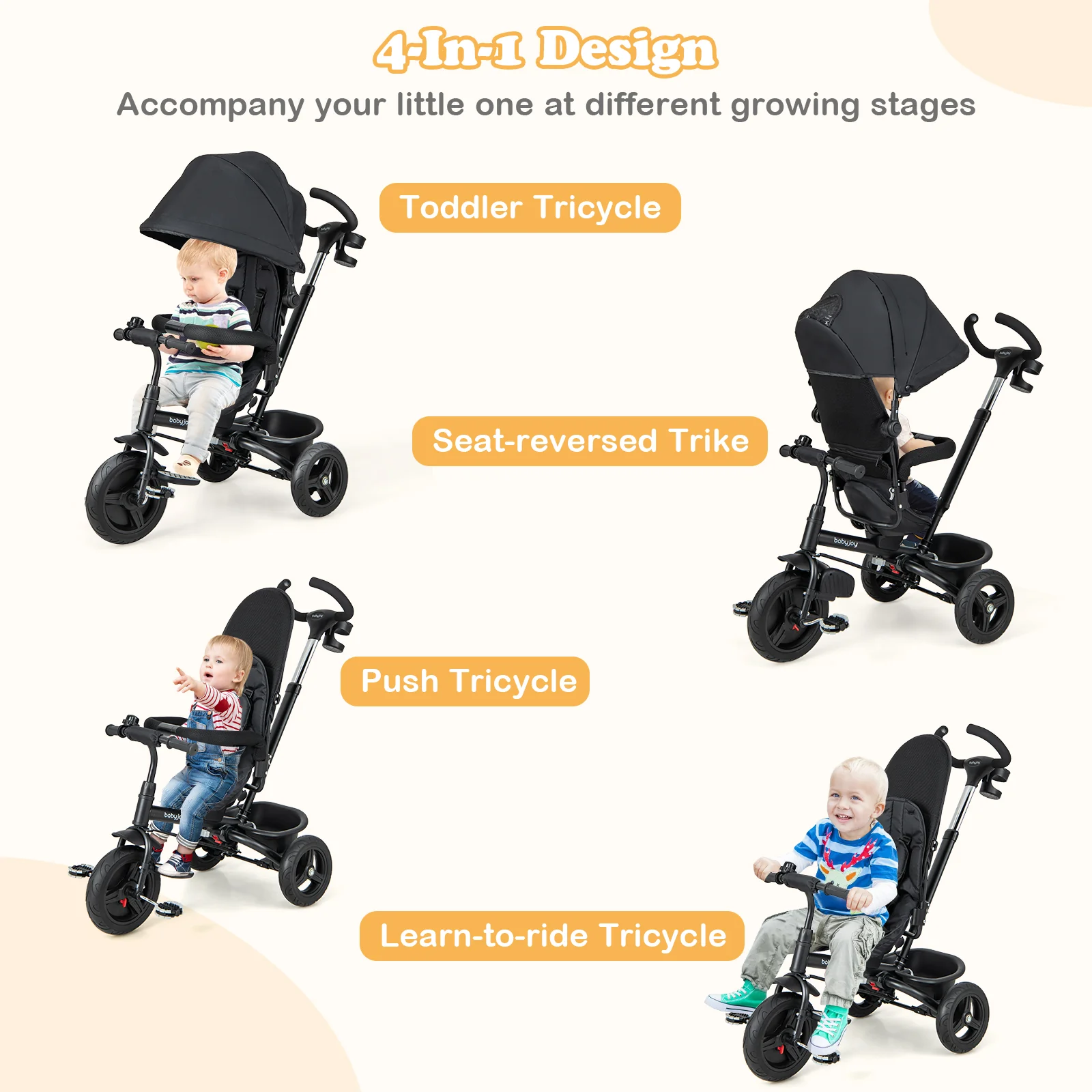 4-In-1 Baby Tricycle, Reversible Seat, 5-Point Safety Harness, Black - Image 7