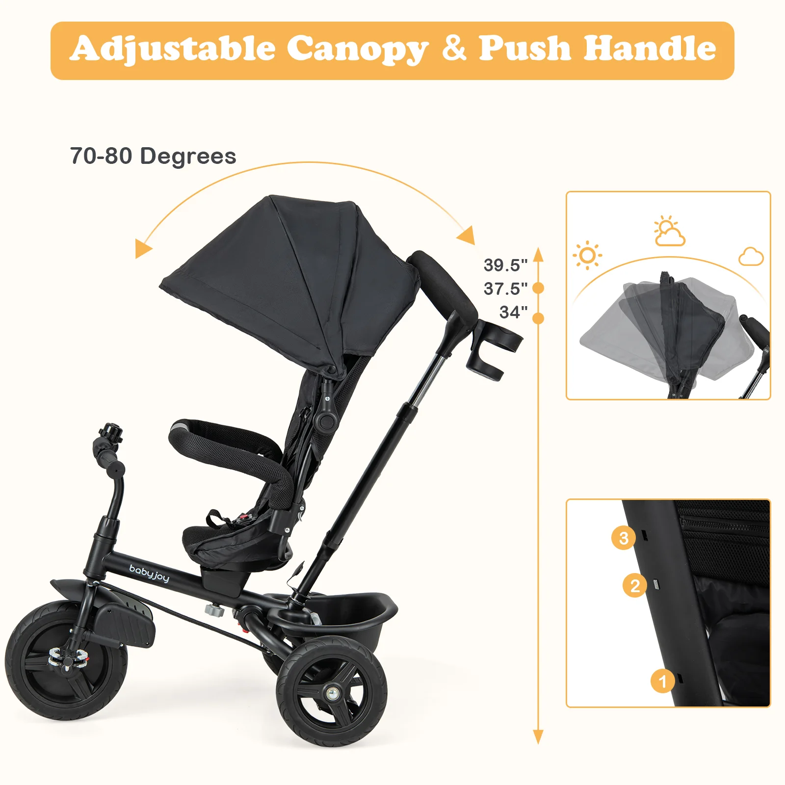 4-In-1 Baby Tricycle, Reversible Seat, 5-Point Safety Harness, Black - Image 8