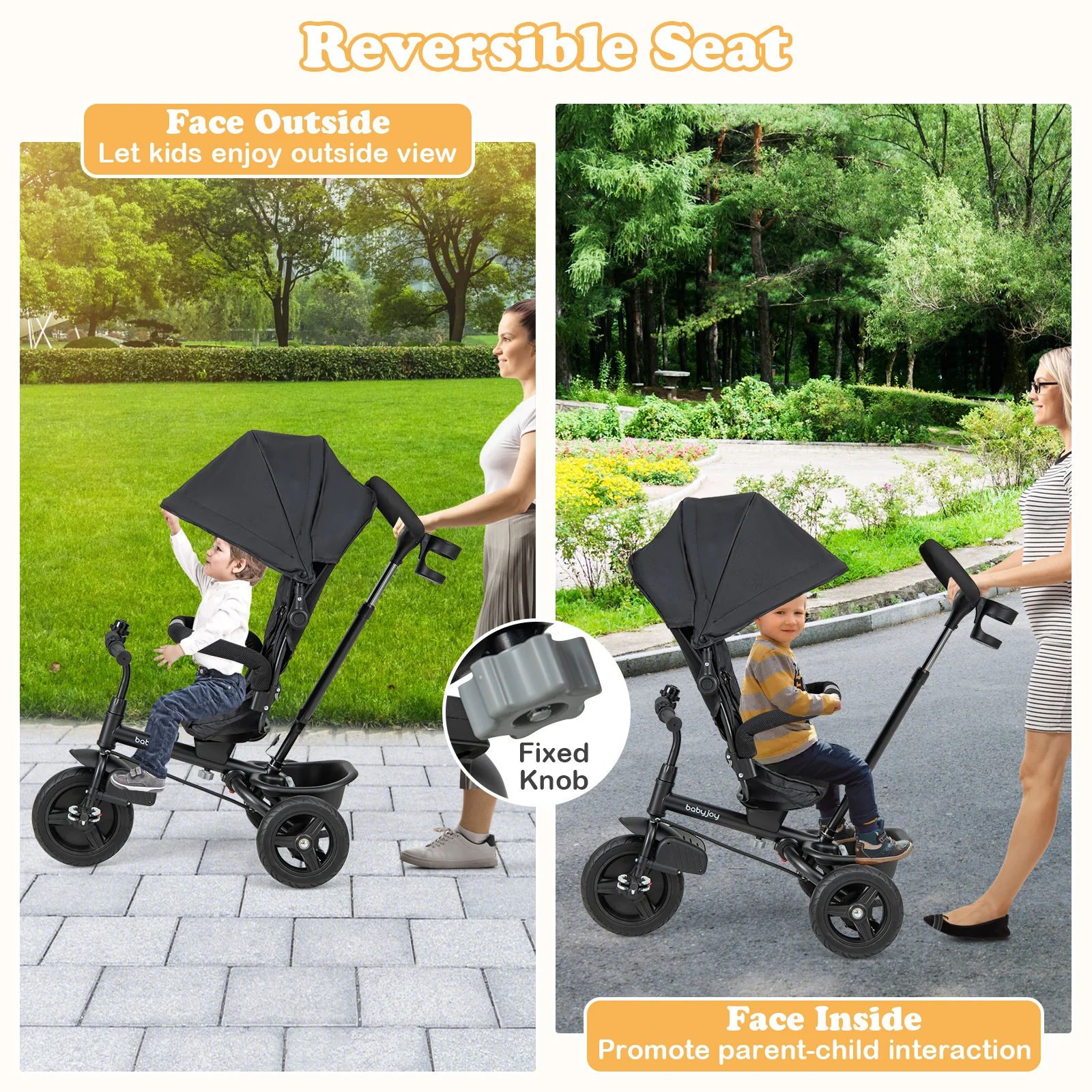 4-In-1 Baby Tricycle, Reversible Seat, 5-Point Safety Harness, Black - Image 9