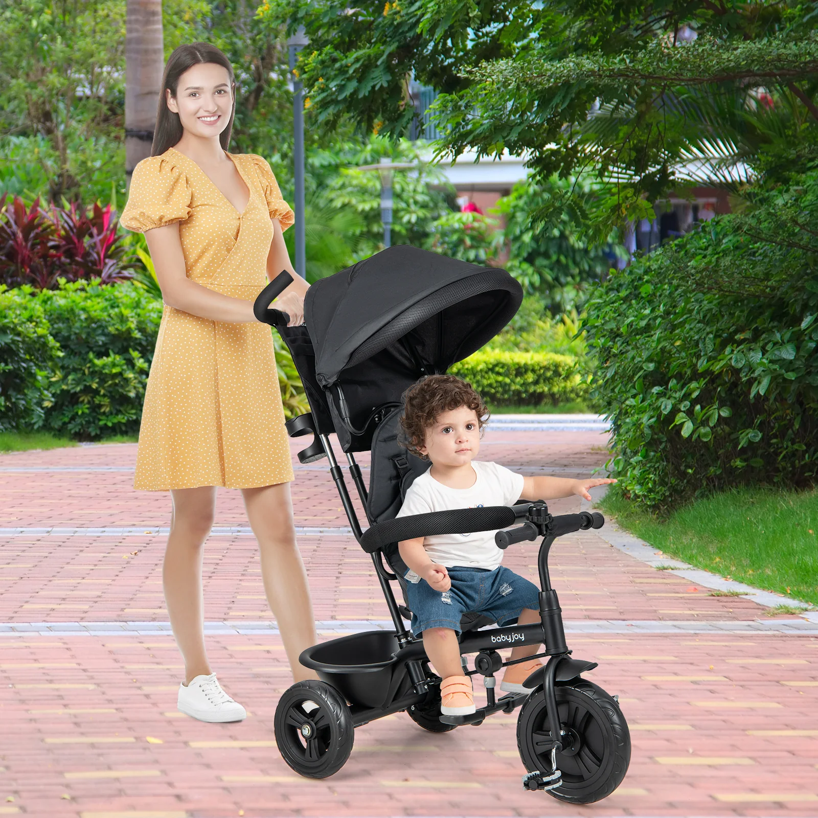 4-in-1 Baby Trike Kids Tricycle with Removable Canopy and Adjustable Push Handle, Black - Image 2