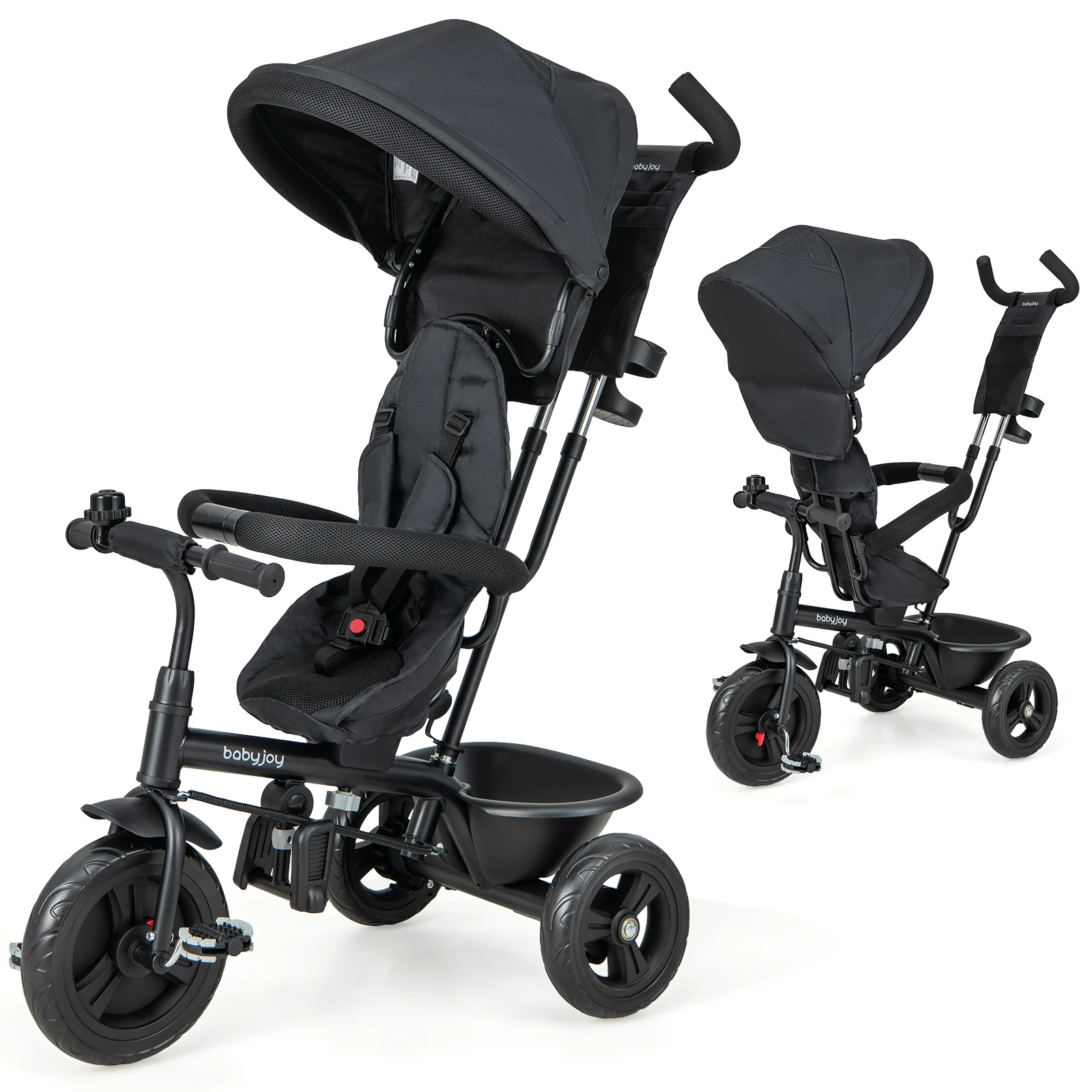4-in-1 Baby Trike Kids Tricycle with Removable Canopy and Adjustable Push Handle, Black - Image 4