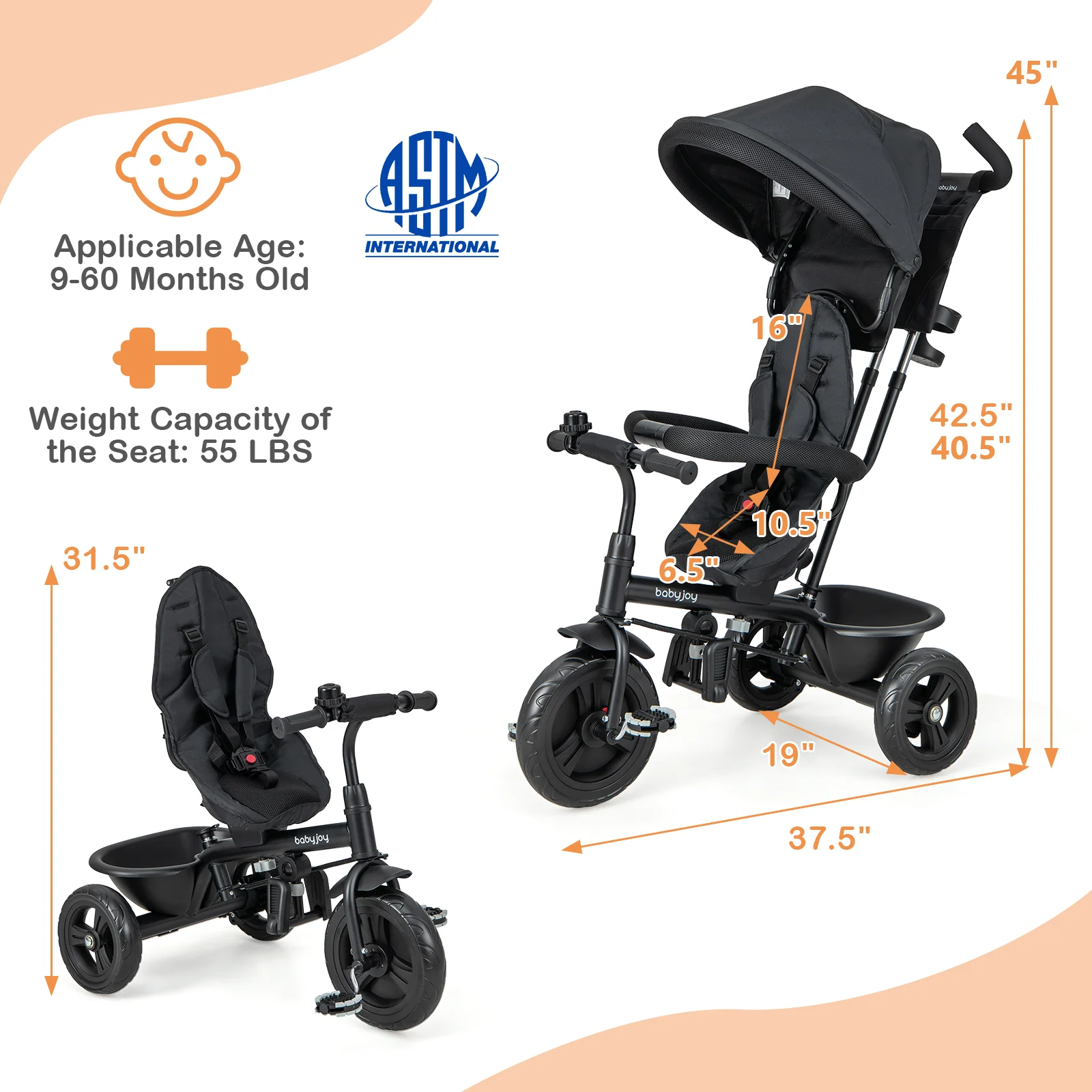 4-in-1 Baby Trike Kids Tricycle with Removable Canopy and Adjustable Push Handle, Black - Image 5