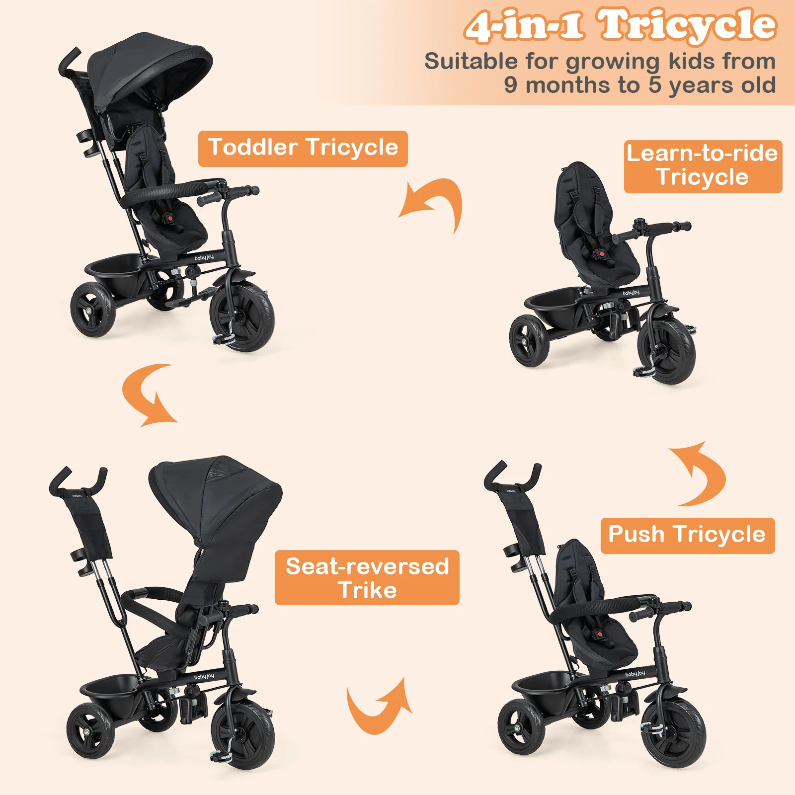 4-in-1 Baby Trike Kids Tricycle with Removable Canopy and Adjustable Push Handle, Black - Image 6