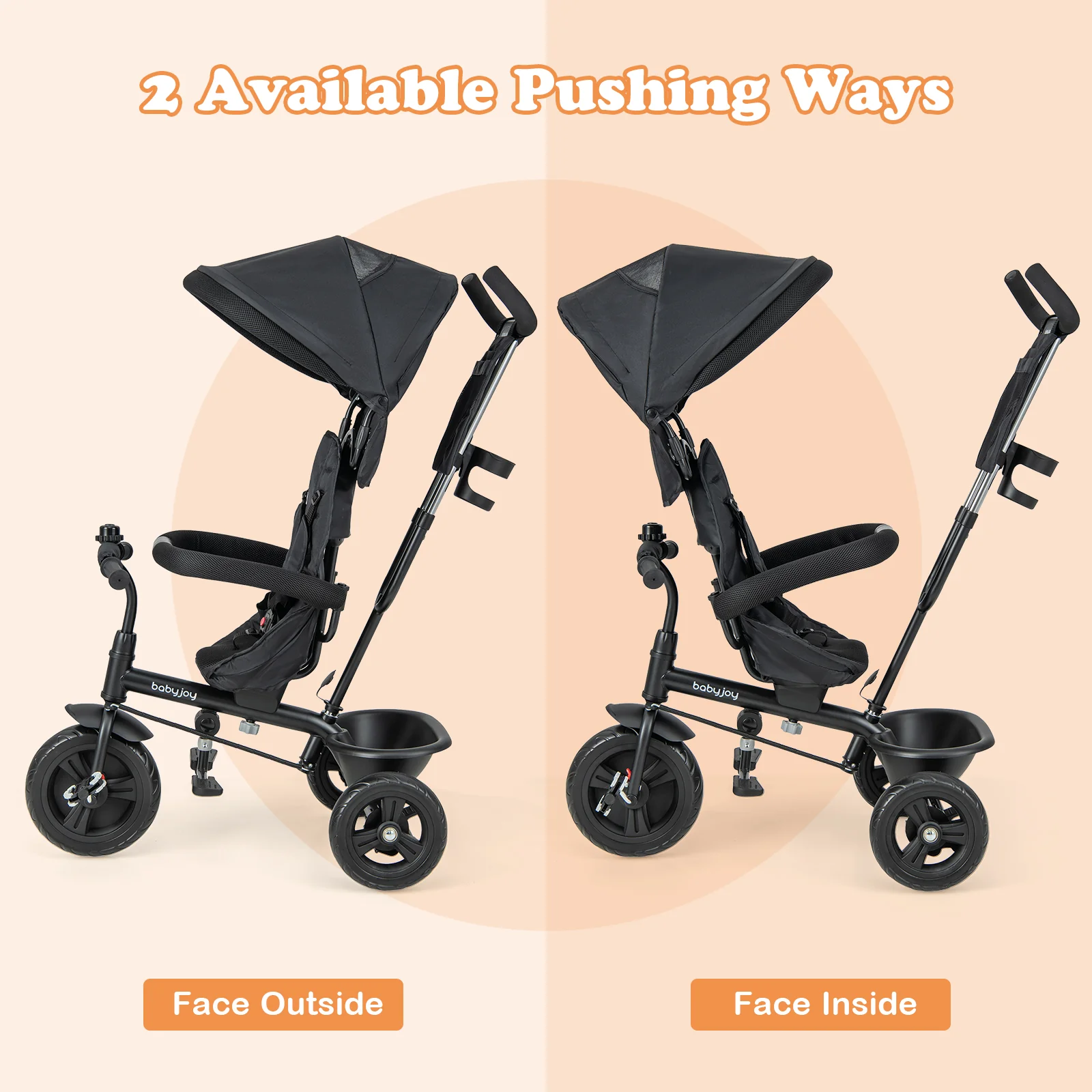 4-in-1 Baby Trike Kids Tricycle with Removable Canopy and Adjustable Push Handle, Black - Image 8