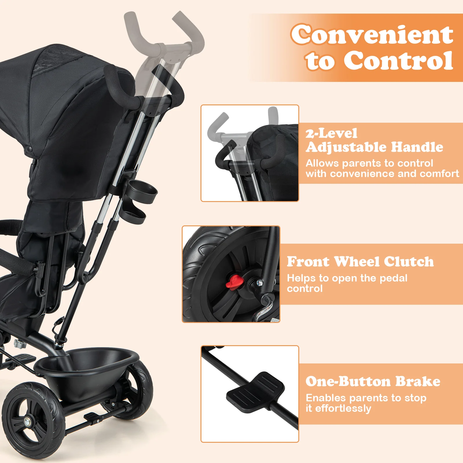 4-in-1 Baby Trike Kids Tricycle with Removable Canopy and Adjustable Push Handle, Black - Image 9