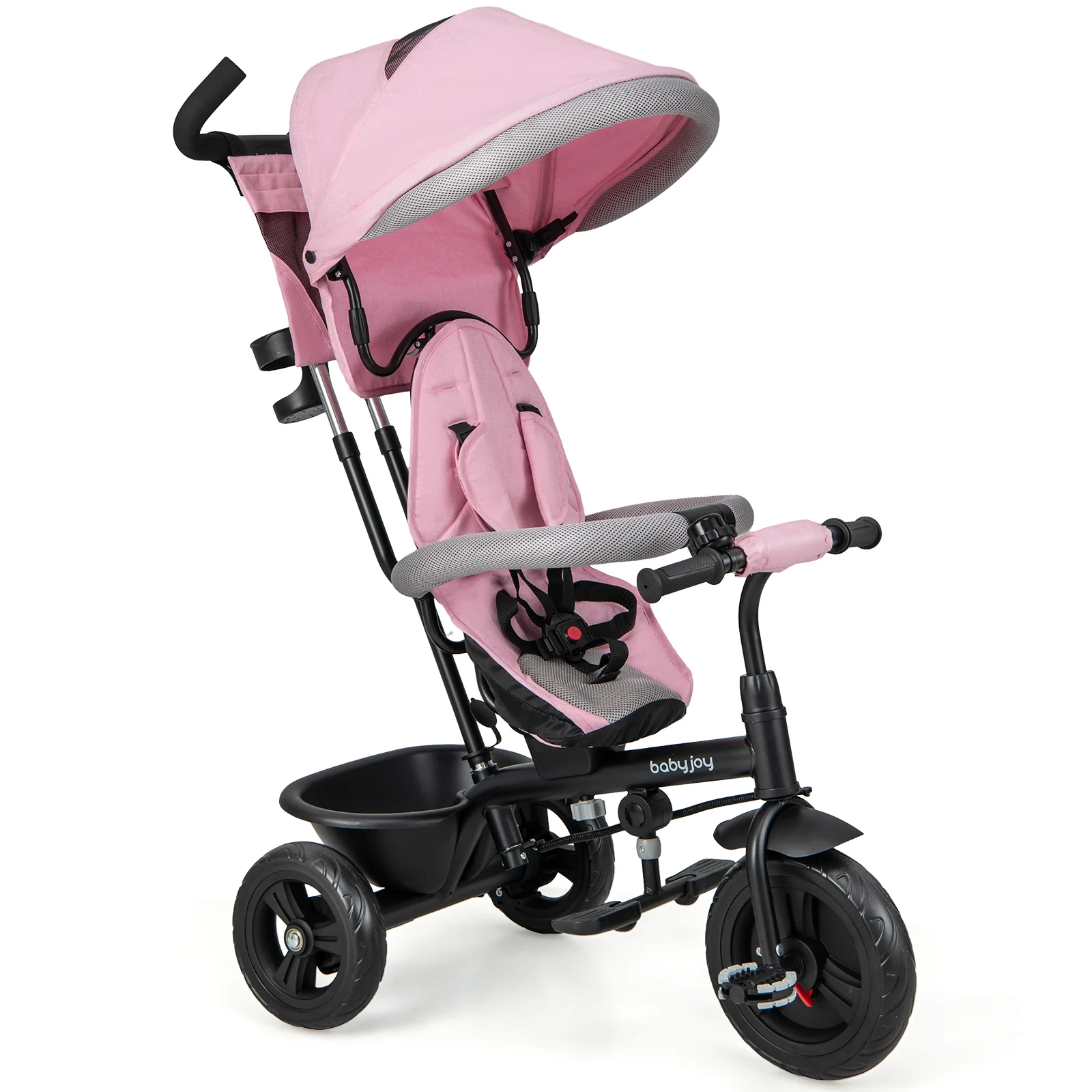4-in-1 Baby Trike Kids Tricycle with Removable Canopy and Adjustable Push Handle, Pink - Image 3