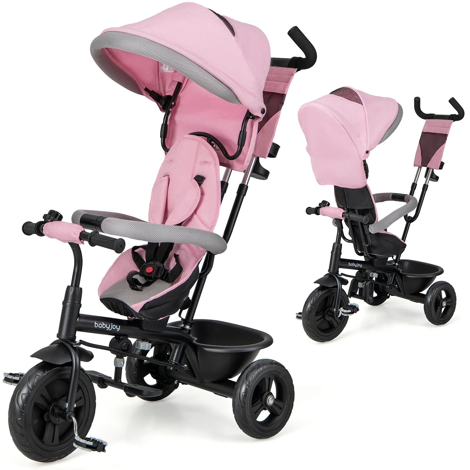 4-in-1 Baby Trike Kids Tricycle with Removable Canopy and Adjustable Push Handle, Pink - Image 4