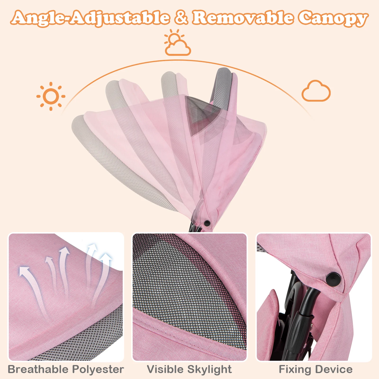 4-in-1 Baby Trike Kids Tricycle with Removable Canopy and Adjustable Push Handle, Pink - Image 7