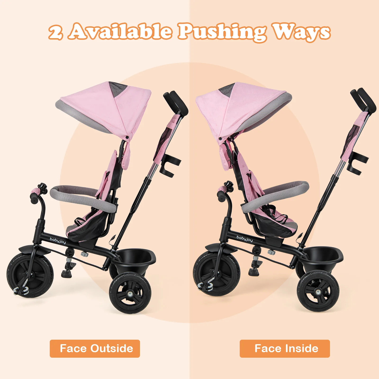 4-in-1 Baby Trike Kids Tricycle with Removable Canopy and Adjustable Push Handle, Pink - Image 8